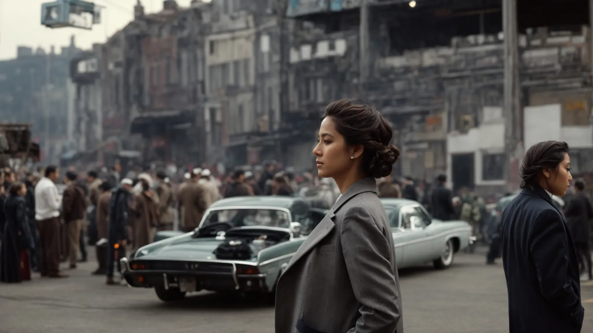 a director oversees a bustling film set, intently observing a scene as it unfolds before the camera.