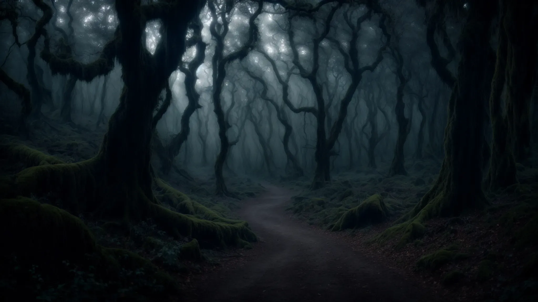 a mysterious forest bathed in moonlight, with whimsical shapes and eerie shadows, encapsulating the essence of tim burton's fantastical style.