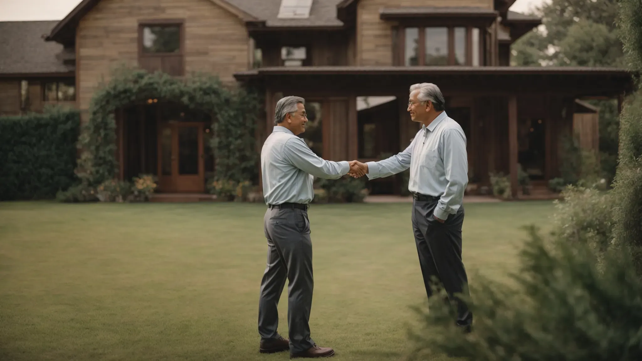 a film director shakes hands with a property owner on an expansive estate set for a movie shoot.