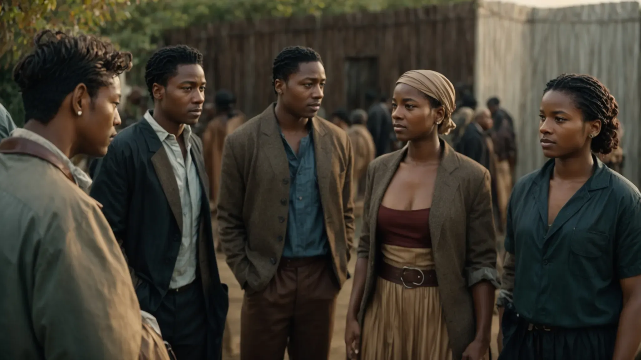 a diverse group of character actors stands together on a film set, engaging in conversation between scenes.