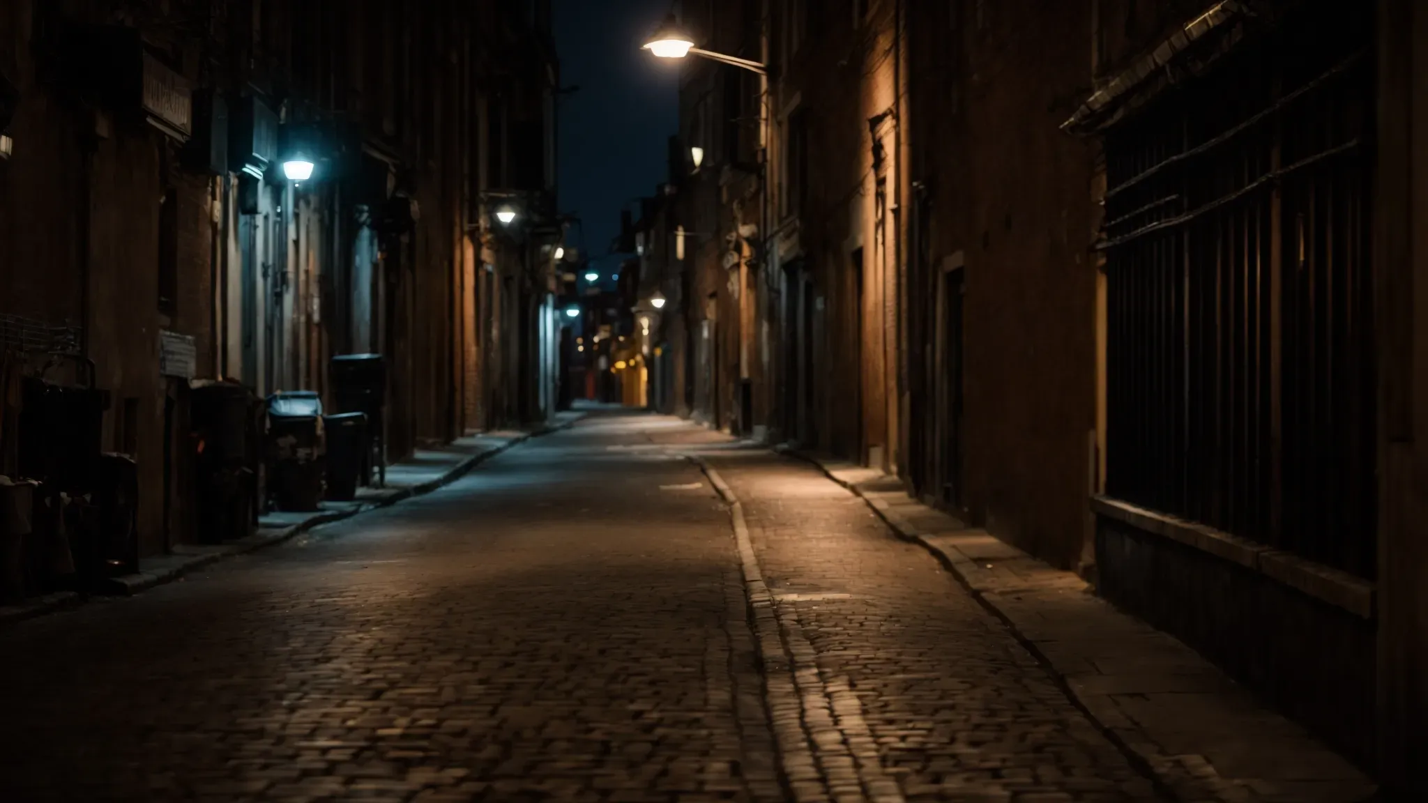 a shadowed alleyway in a bustling city at night, illuminated by the soft glow of a single street lamp.