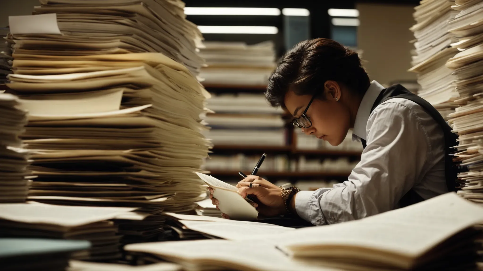 a focused individual sits at a large desk, surrounded by stacks of scripts, deeply engrossed in reading with a pen in hand.