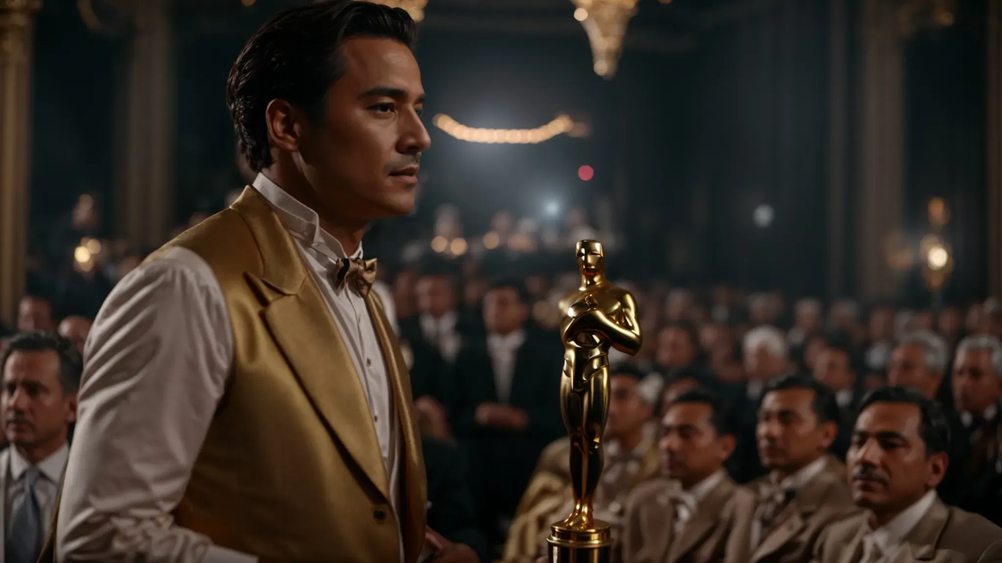 a celebrated actor holds a golden oscar statuette, addressing a captivated audience in an opulent theater.