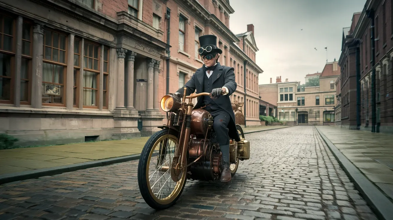 a dirigible floats above a cityscape, framed by sprawling gears and steam-powered machinery beneath a copper sky.