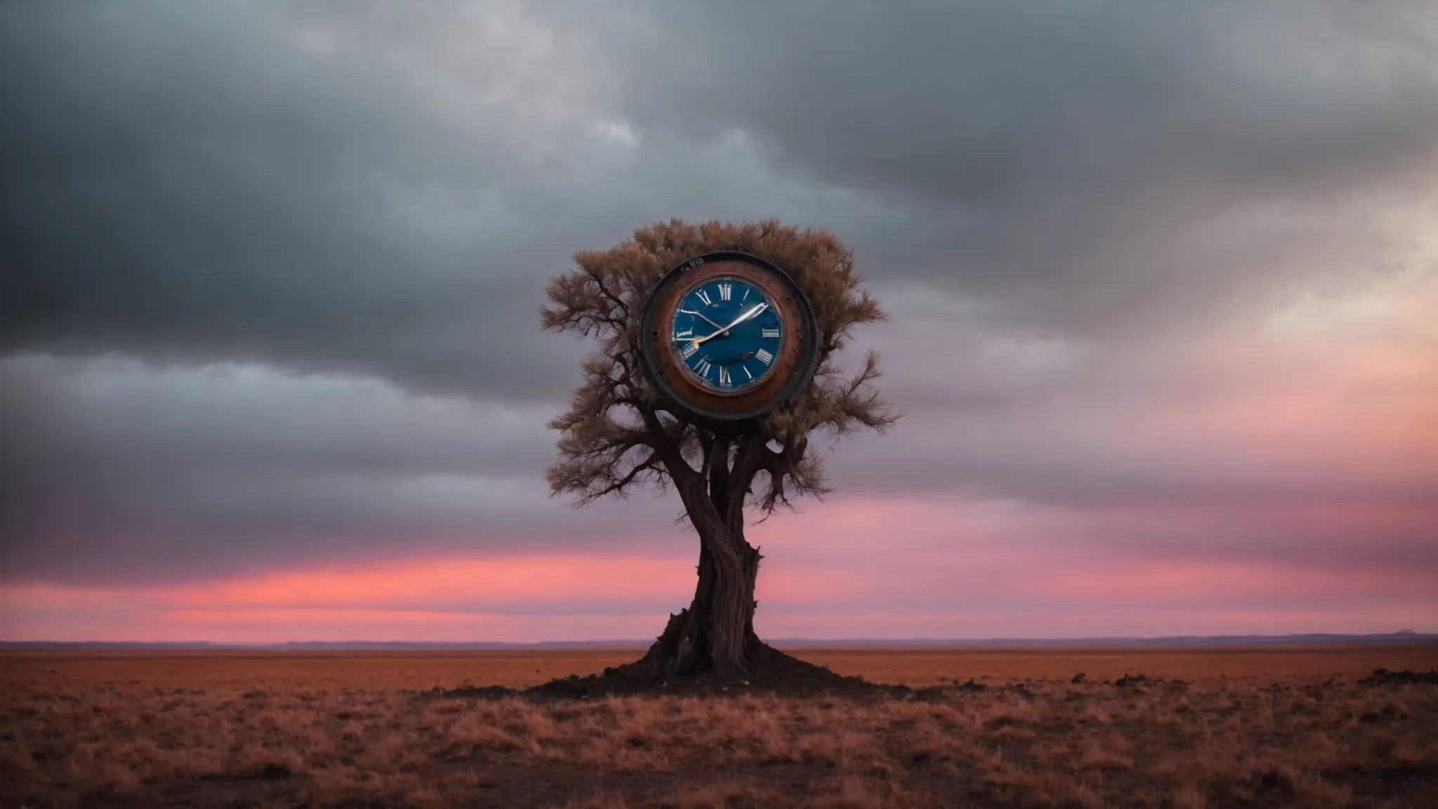 a melting clock draped over a barren tree in a desolate landscape, under a sky of swirling colors.