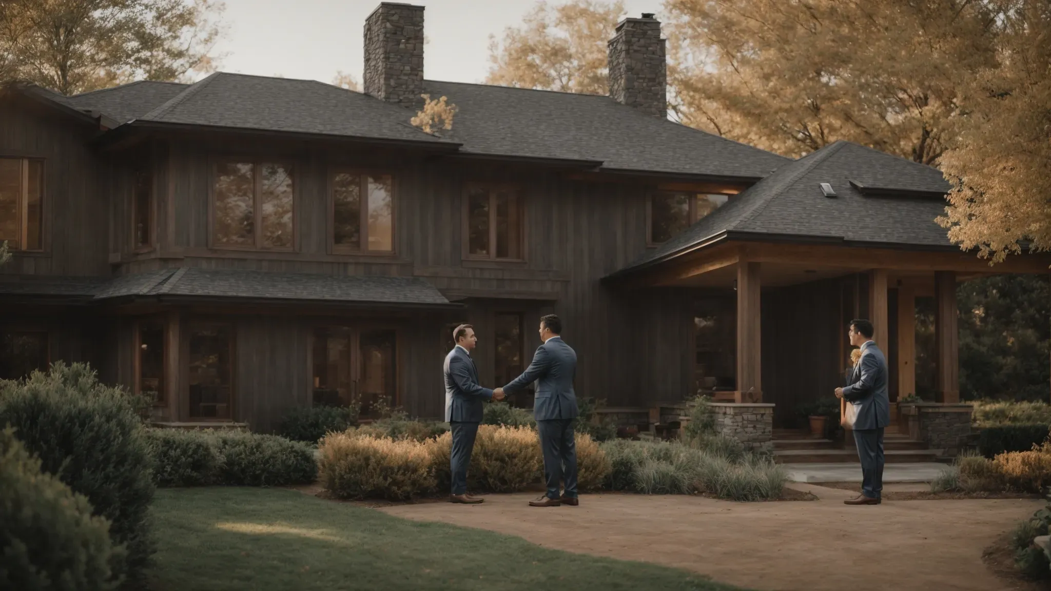 a filmmaker and a property owner are shaking hands in front of an impressive house that's ideal for a movie set.
