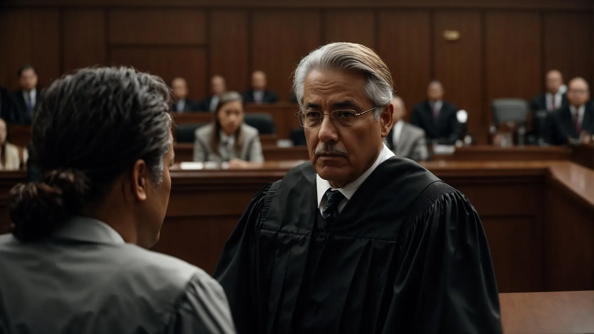 a stern judge presides over a tense courtroom hearing involving intellectual property disputes.