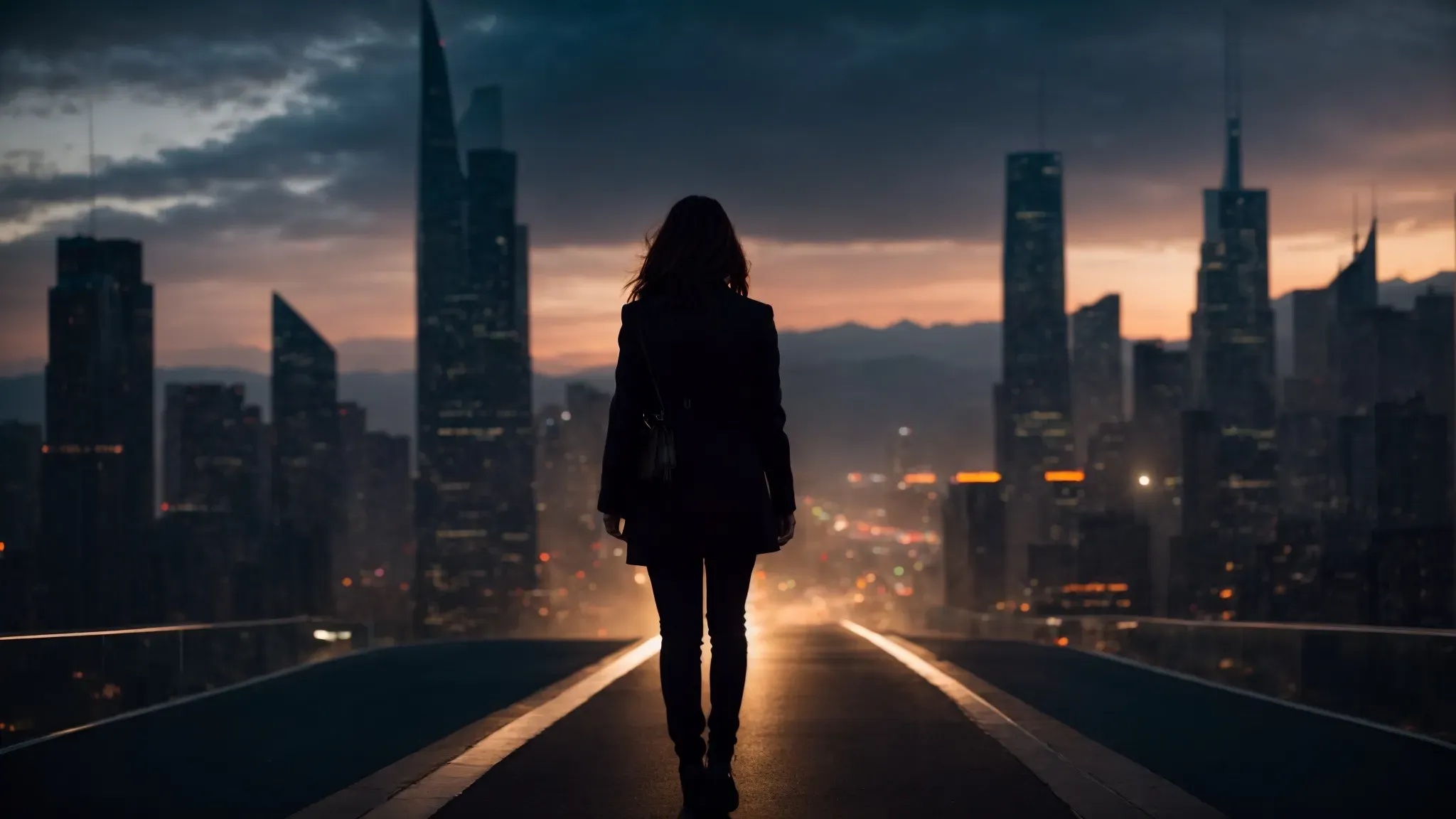 a silhouette of a woman walks confidently into a glowing, futuristic cityscape at dusk.