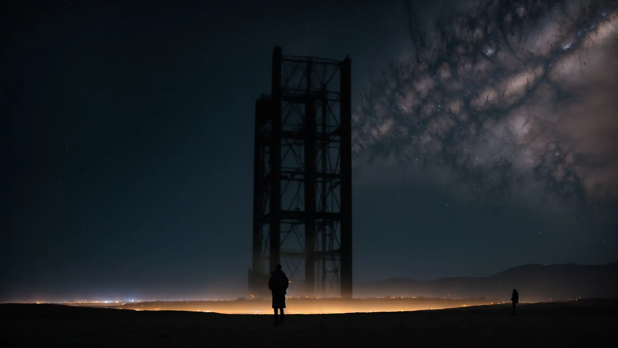 a silhouette of a person standing in front of towering, otherworldly structures under a vast, starlit sky.