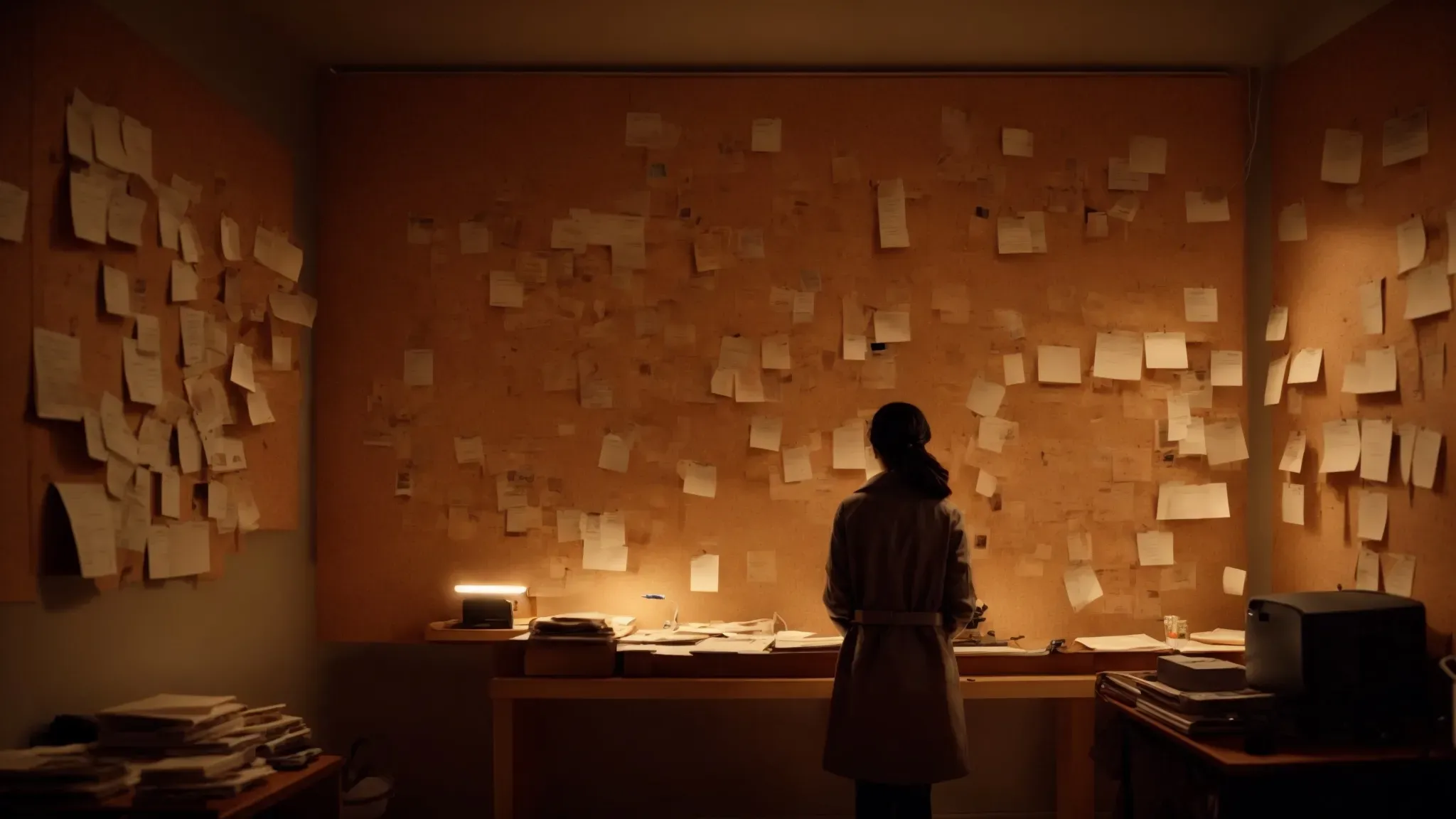 a dimly lit room with a lone figure analyzing a complex web of images and notes pinned across an expansive corkboard.