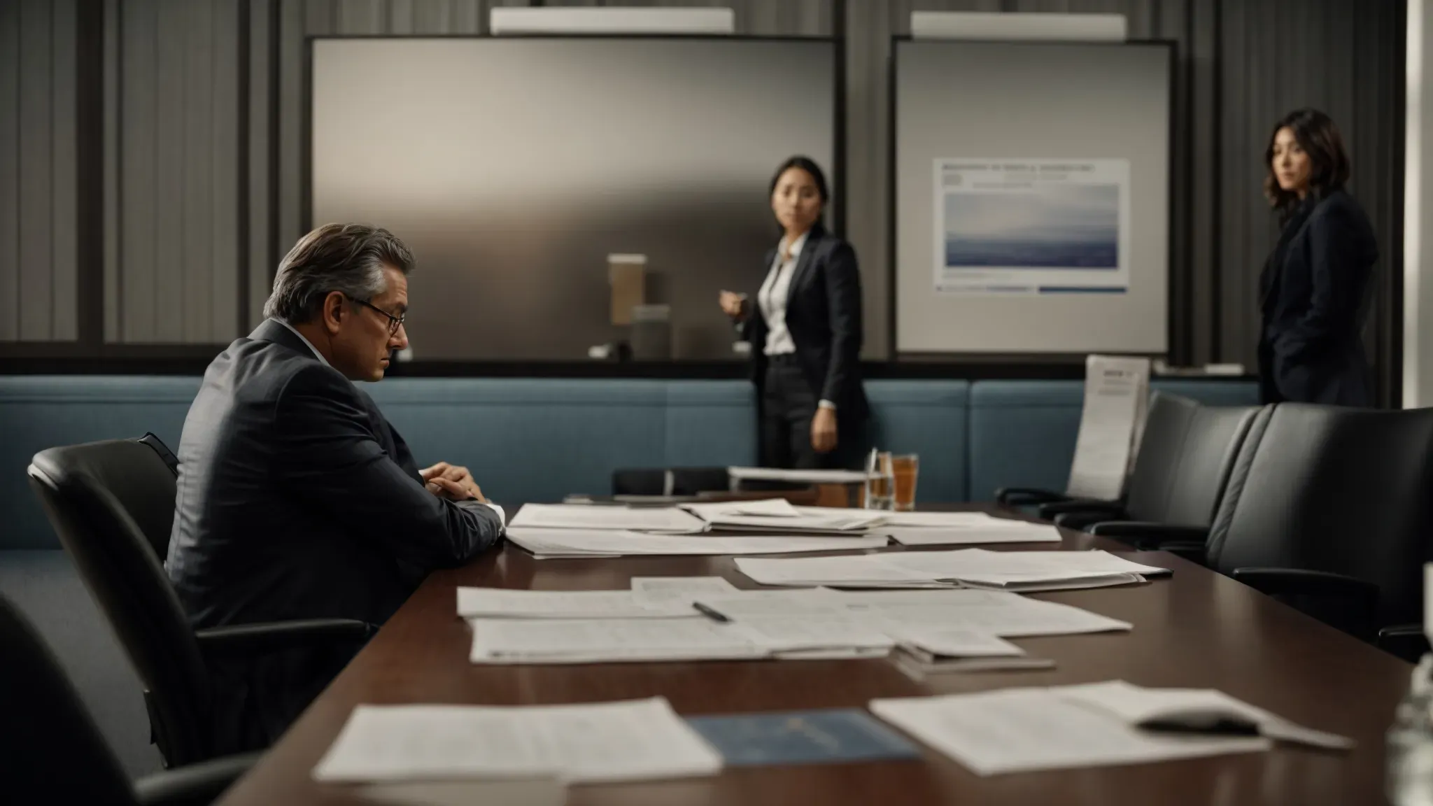 a film director and a lawyer discuss documents at a large conference table, with a movie poster blurred in the background.