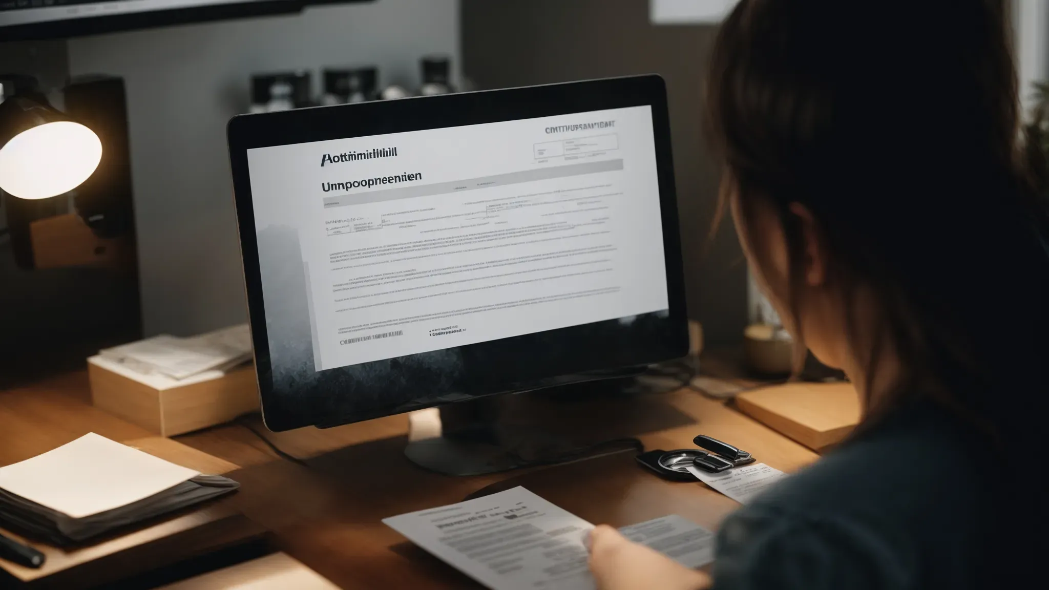 a person seated in front of a computer, attentively navigating an online unemployment certification form.