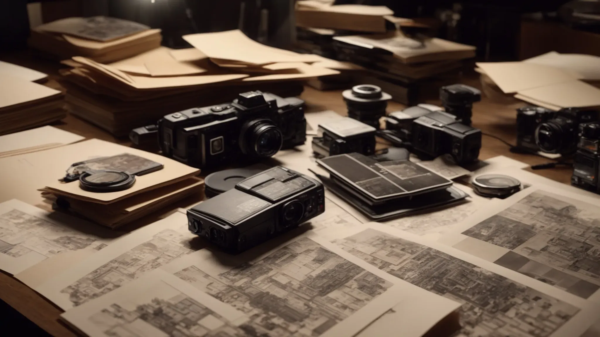 a cluster of storyboard sketches, model buildings, and a camera on a dimly lit desk, hinting at the creative process behind production design.