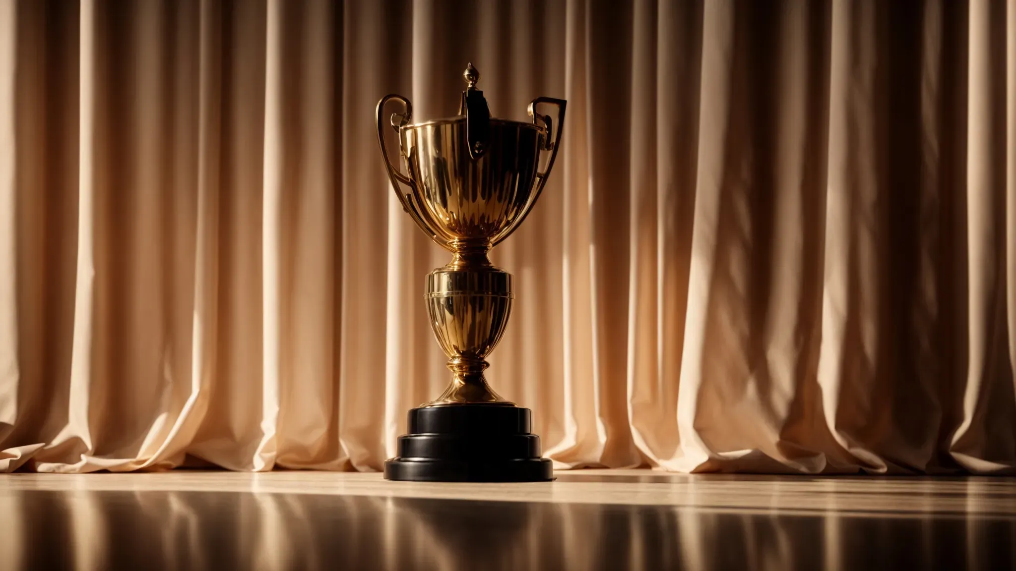 a cinematic award trophy gleaming under a spotlight on an otherwise empty stage, casting long shadows on the curtained background.