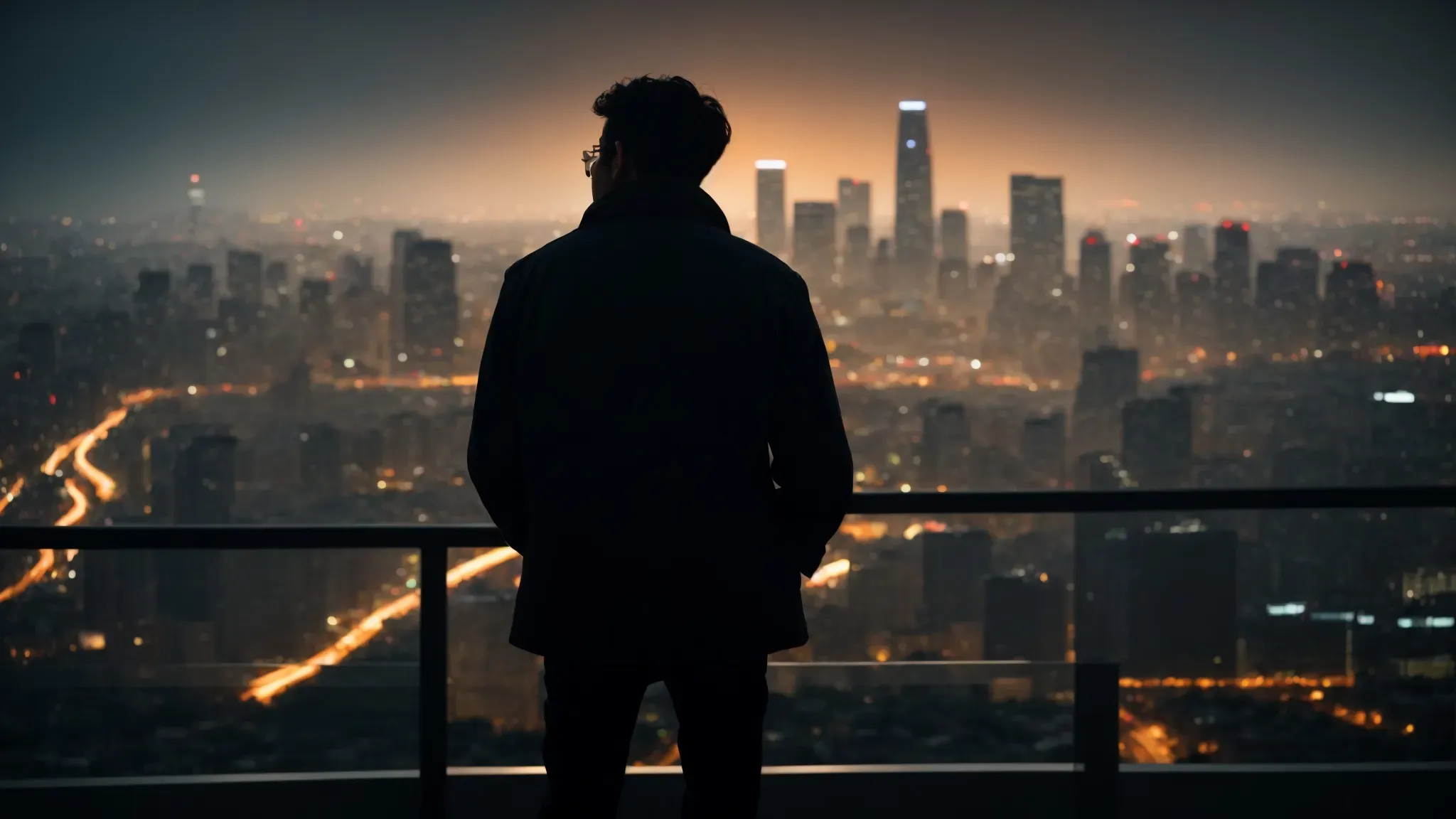a silhouette of a filmmaker gazing out towards a technologically advanced cityscape at dusk, symbolizing the future of storytelling in biopics.