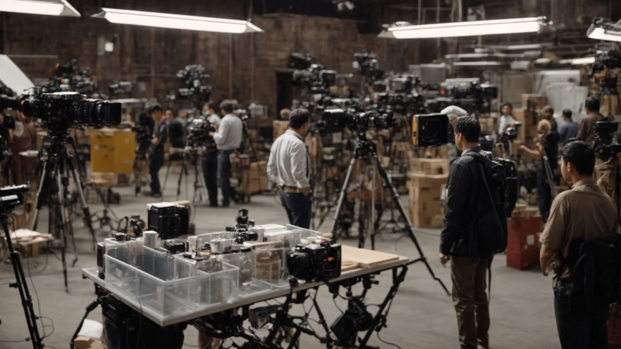 a bustling film set with crew members setting up camera equipment and lighting, amidst a hive of activity.
