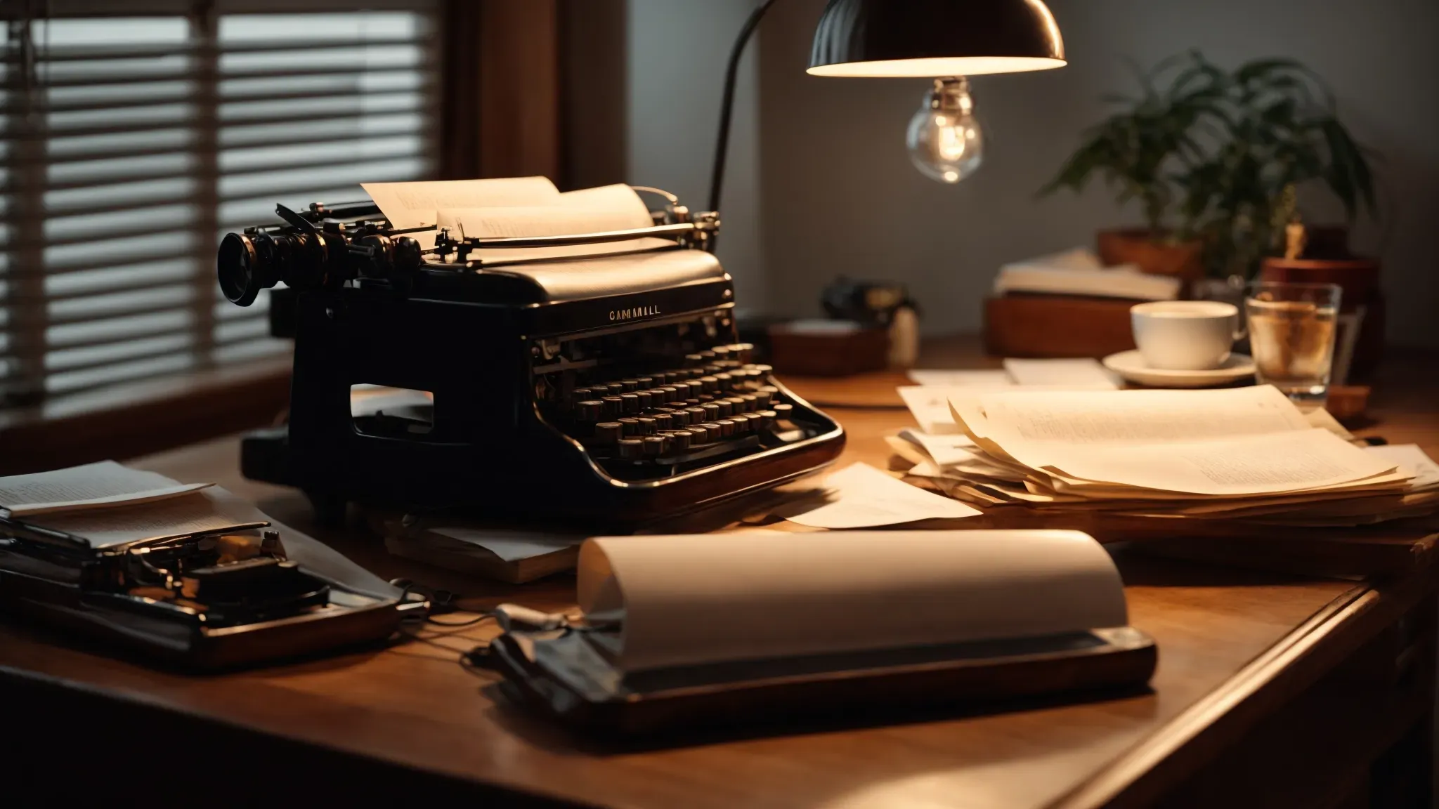 a typewriter rests on a wooden desk beside crumpled paper and a steaming cup of coffee, bathed in the soft glow of a desk lamp.
