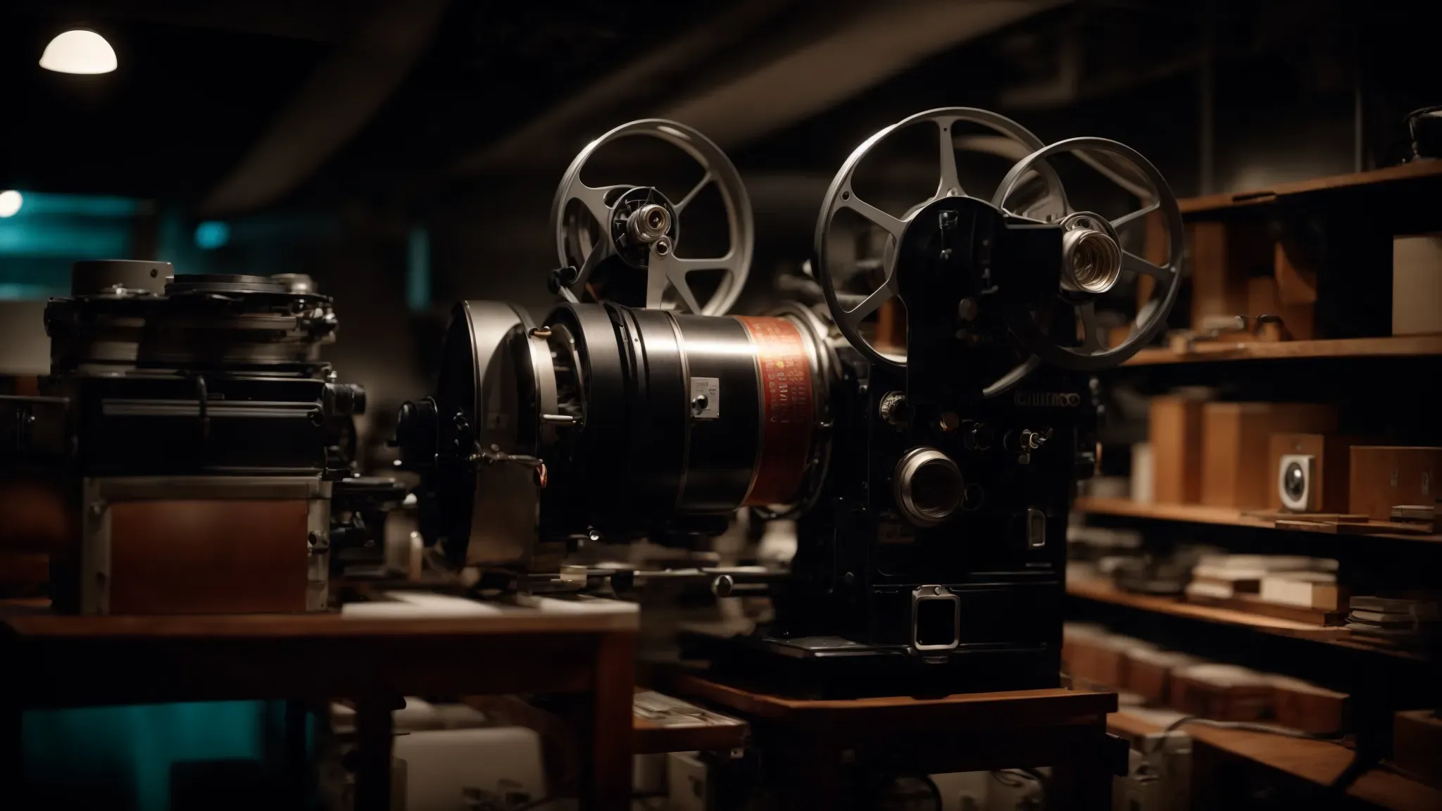 a vintage film projector casting light in a dark room, surrounded by rolls of film reels.