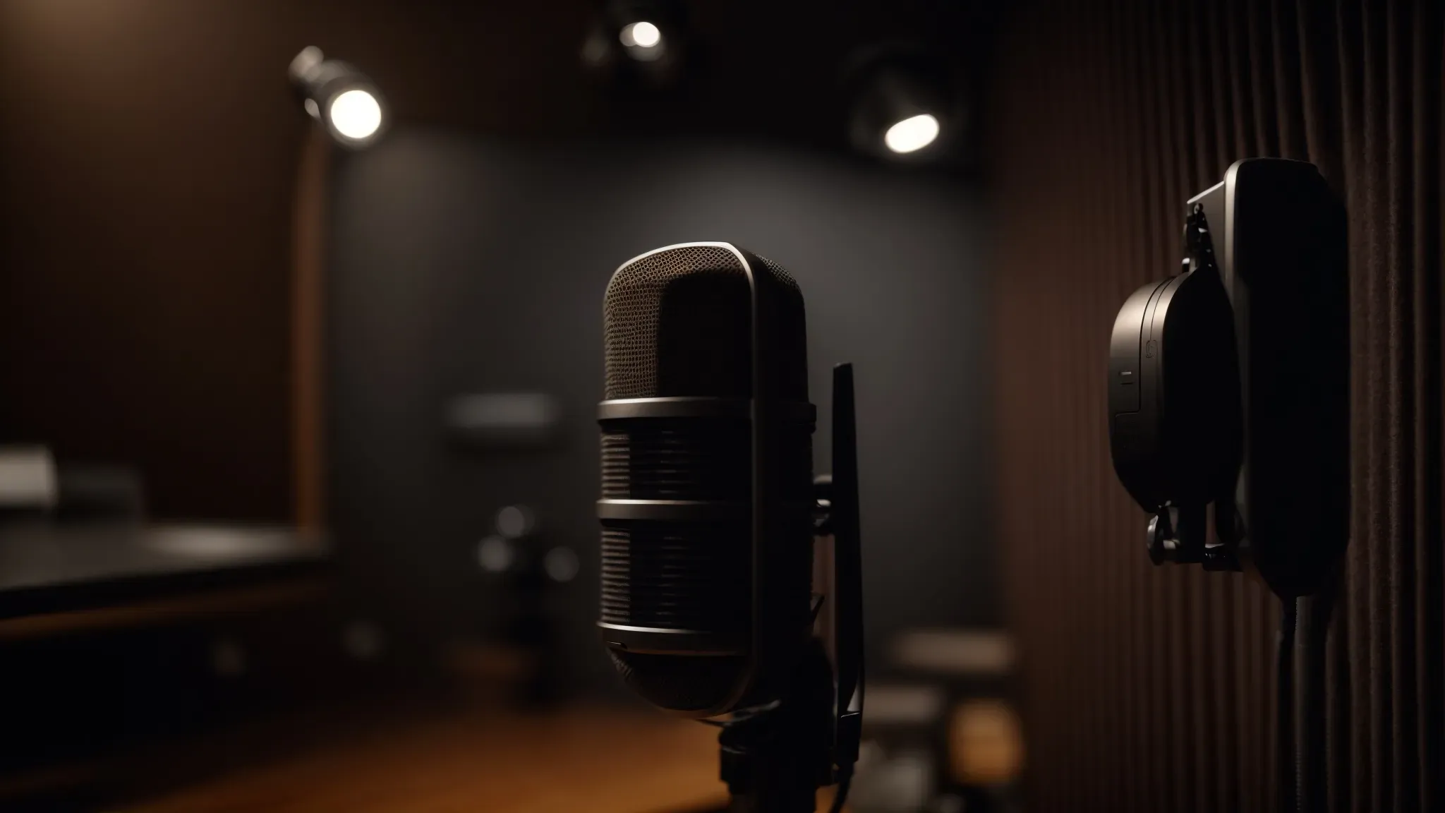a microphone awaits in a soundproof recording studio illuminated by soft, ambient light.