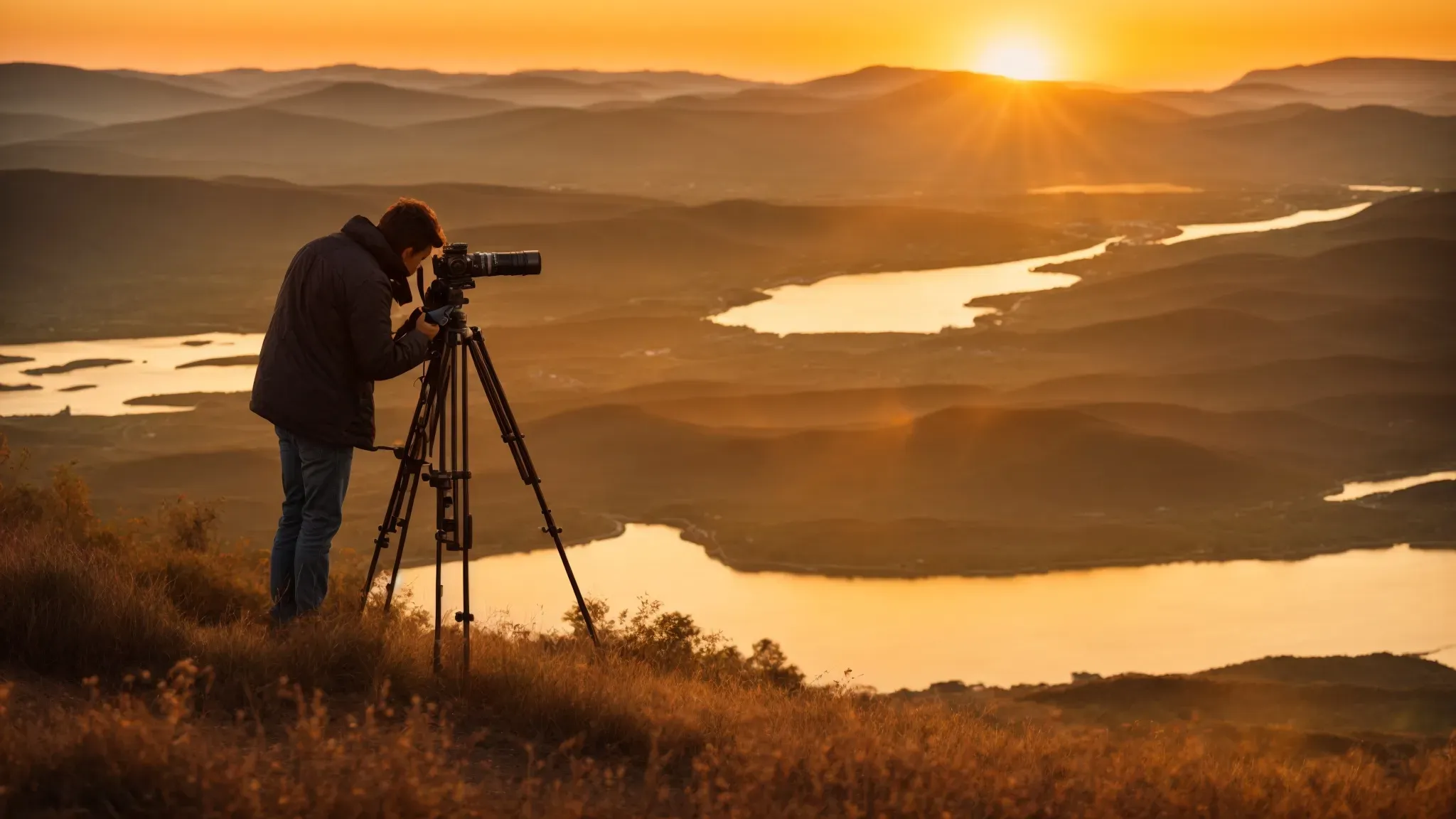 a photographer adjusts a vintage camera on a tripod, overlooking a scenic landscape bathed in the golden light of sunset.