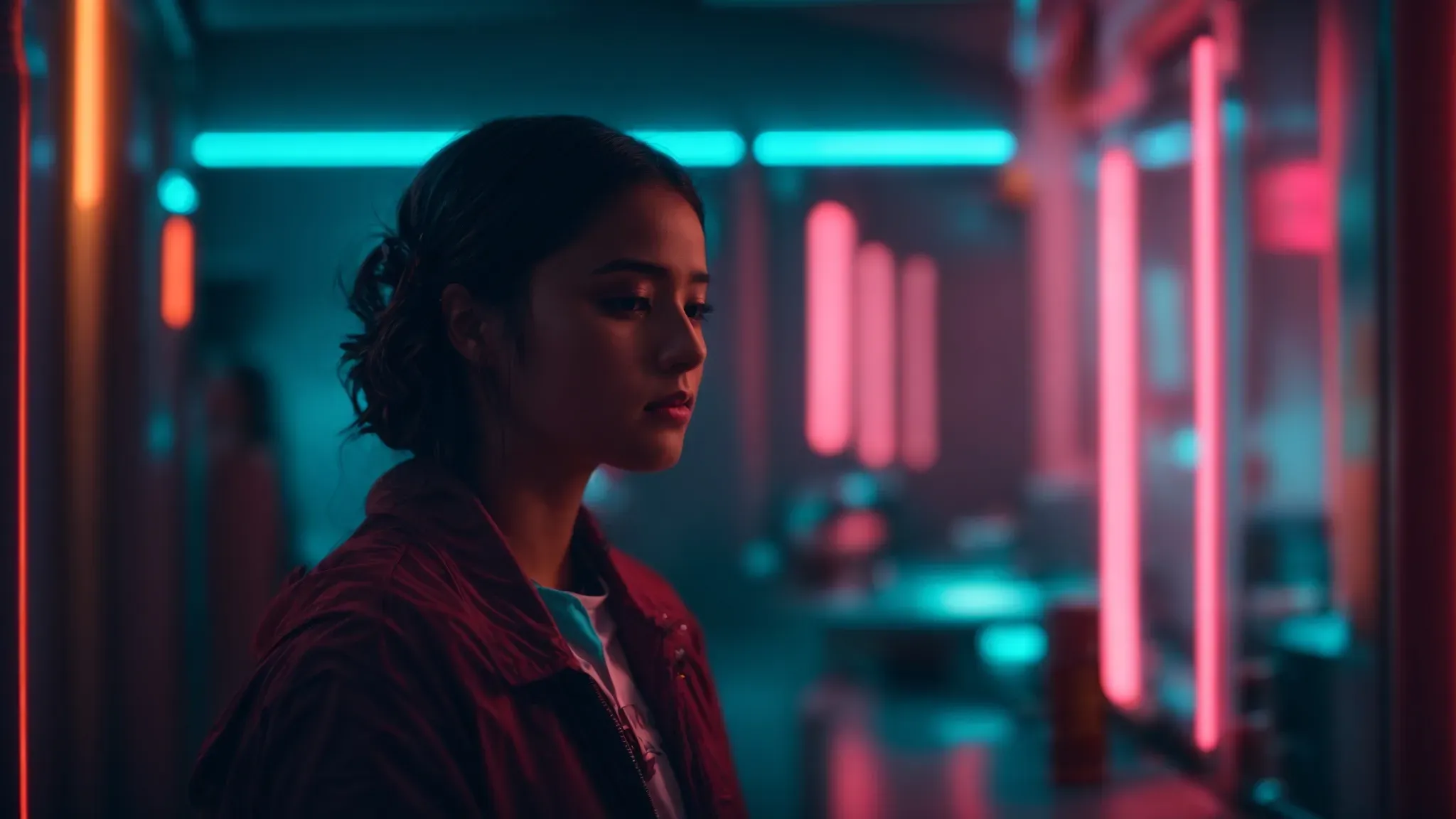 a neon-lit room bathes characters in contrasting hues, highlighting their emotional states without a single word.