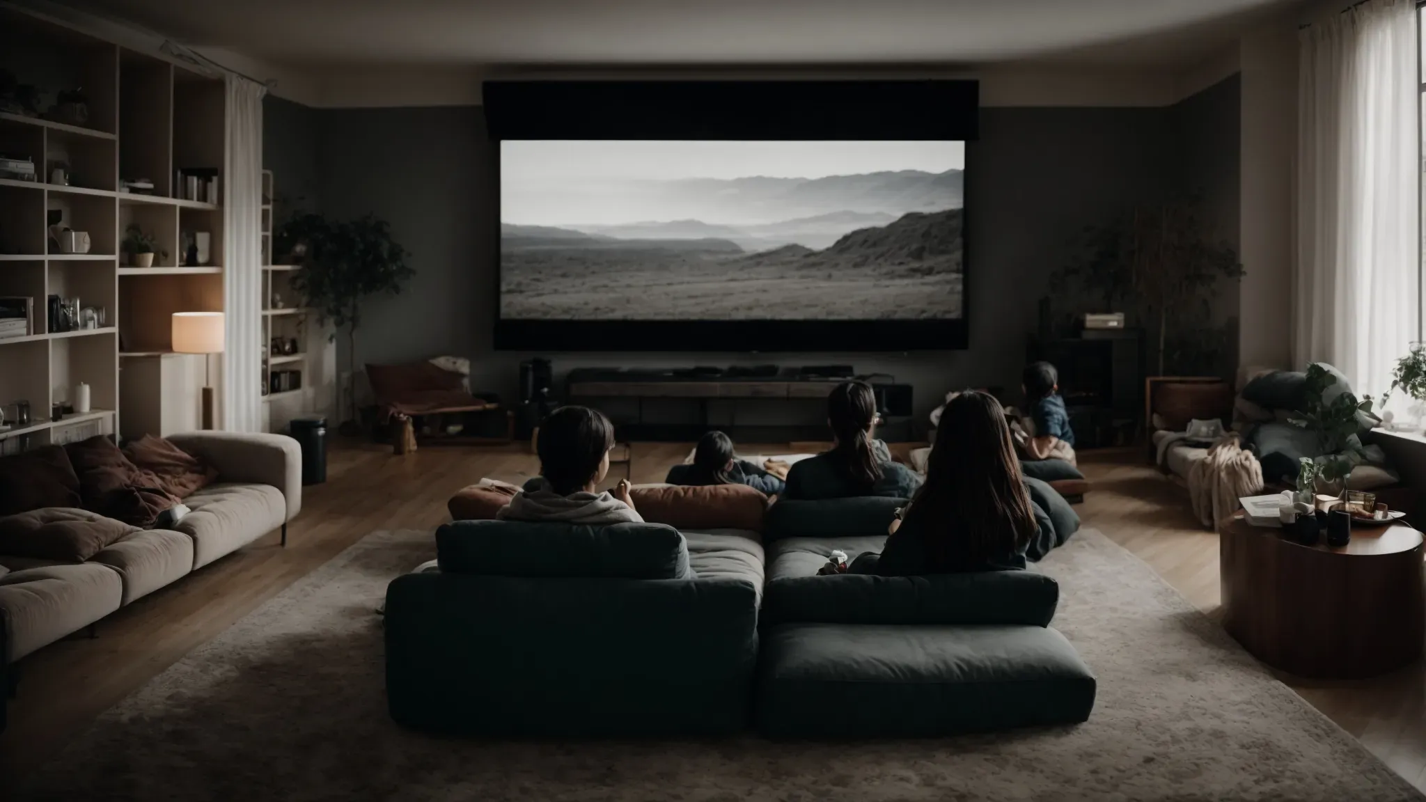 a cozy living room transformed into a makeshift cinema, with a group of people seated on comfortable sofas facing a large screen showcasing a black-and-white movie.