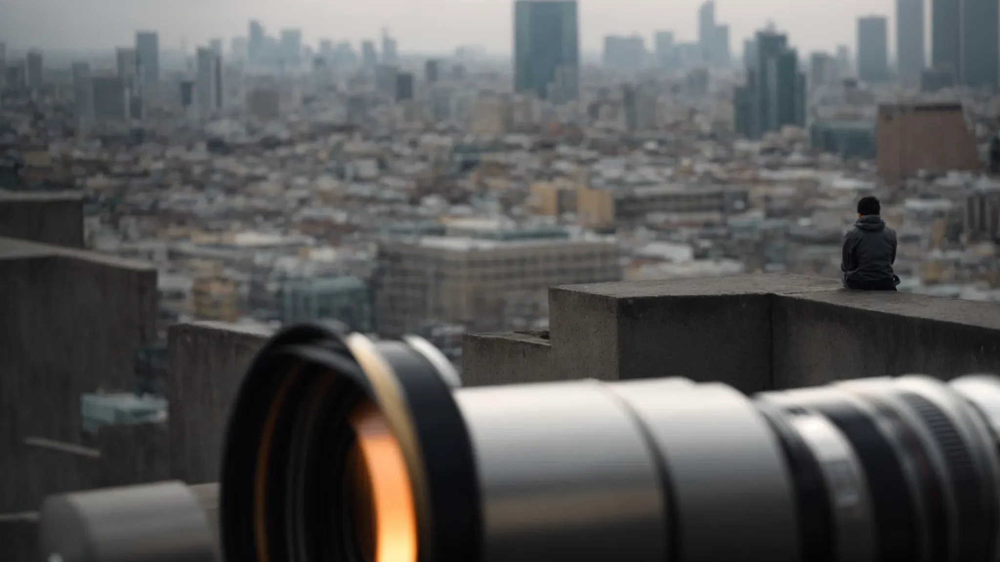 a filmmaker adjusts a camera lens, intentionally blurring the bustling cityscape behind to capture a solitary figure in sharp relief against the dreamlike background.