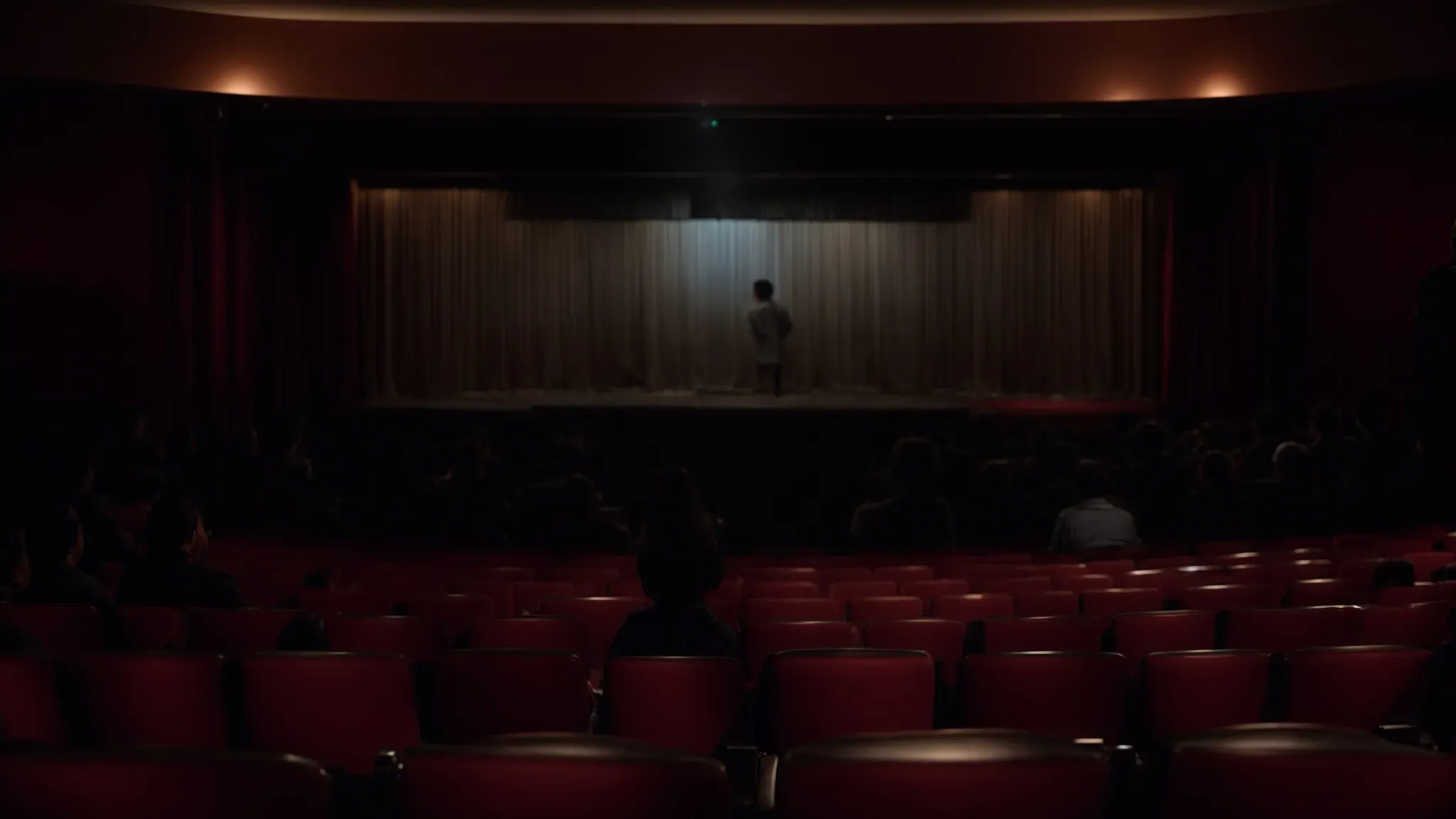 a dimly lit theater with an independent film premiere, audience silhouettes reflecting on the screen.