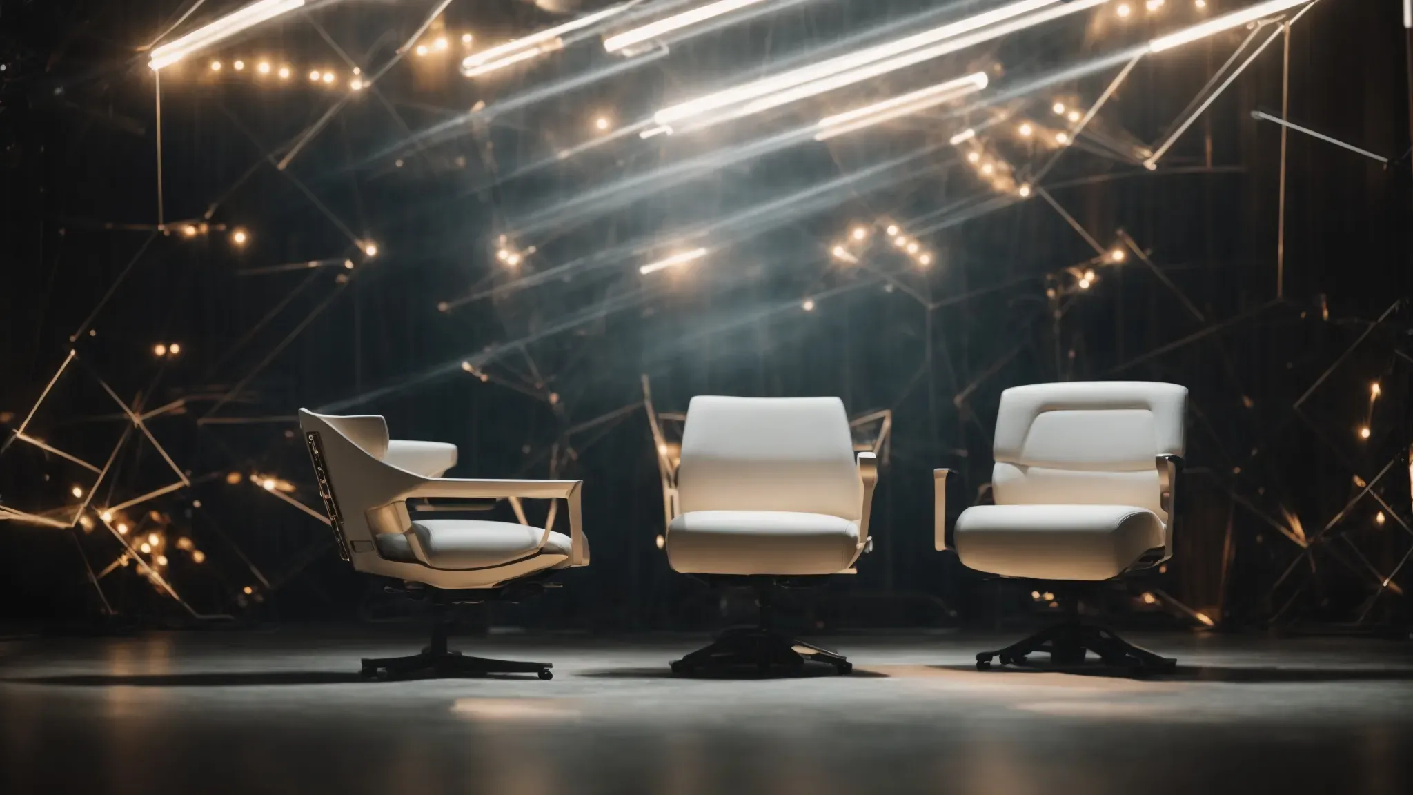 a director chairs in front of a large, abstract light installation that suggests innovation and futuristic filmmaking.