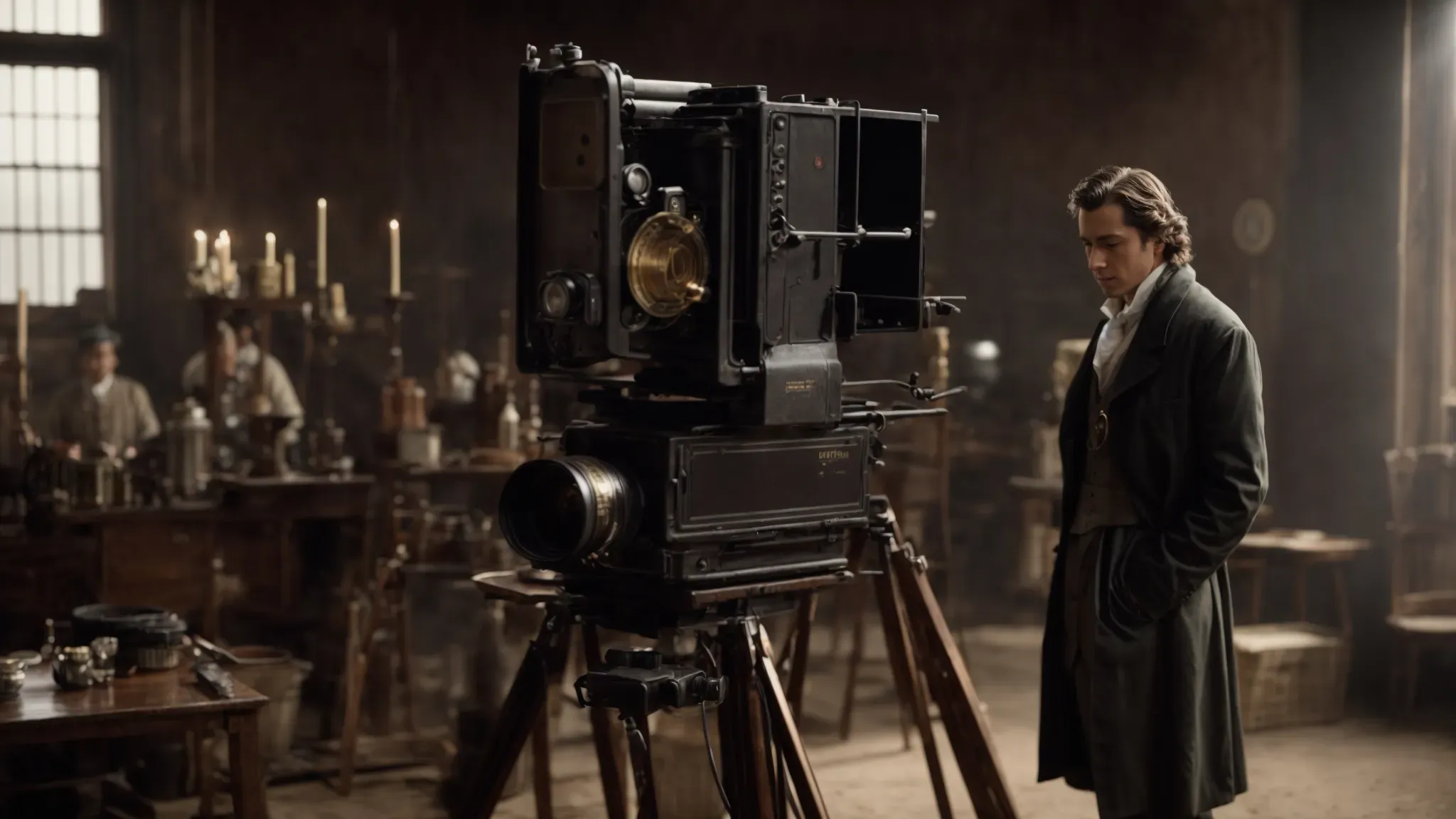 a camera focuses on an actor transformed into a historical figure, standing on an old-fashioned film set.