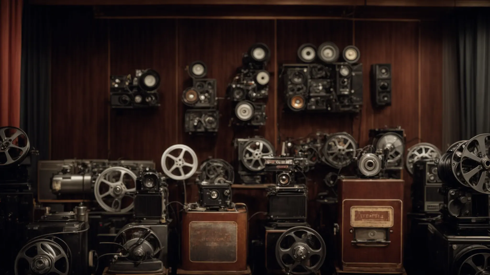 a collection of vintage film reels and movie projectors set against a backdrop of an old cinema screen.