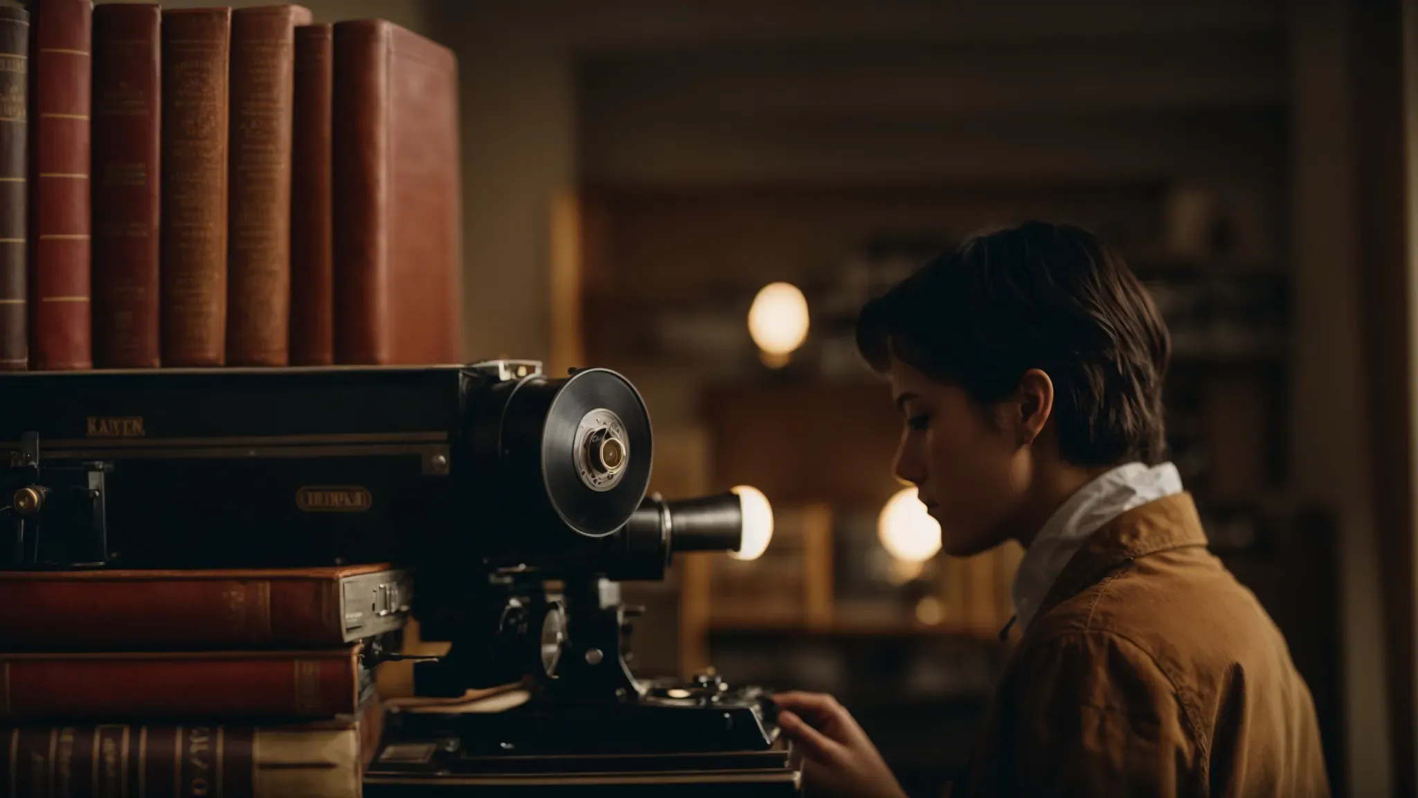 a person intently viewing a row of classic books next to a vintage film projector.