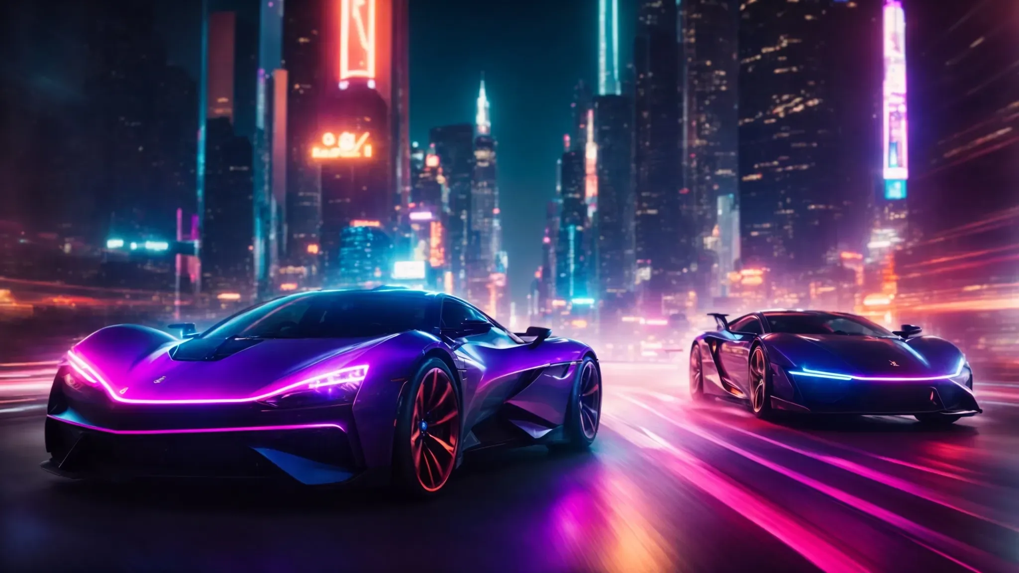 a high-speed car chase erupts in a futuristic cityscape, with sleek vehicles weaving between towering skyscrapers illuminated by neon lights.