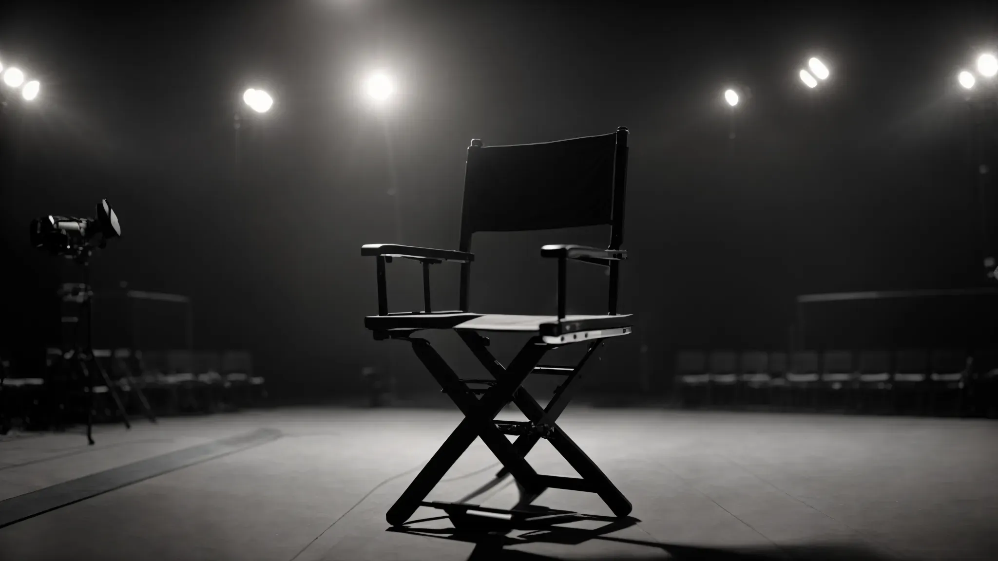 a director's chair and a clapperboard stand before a vast, empty stage, awaiting the next scene's orchestration.
