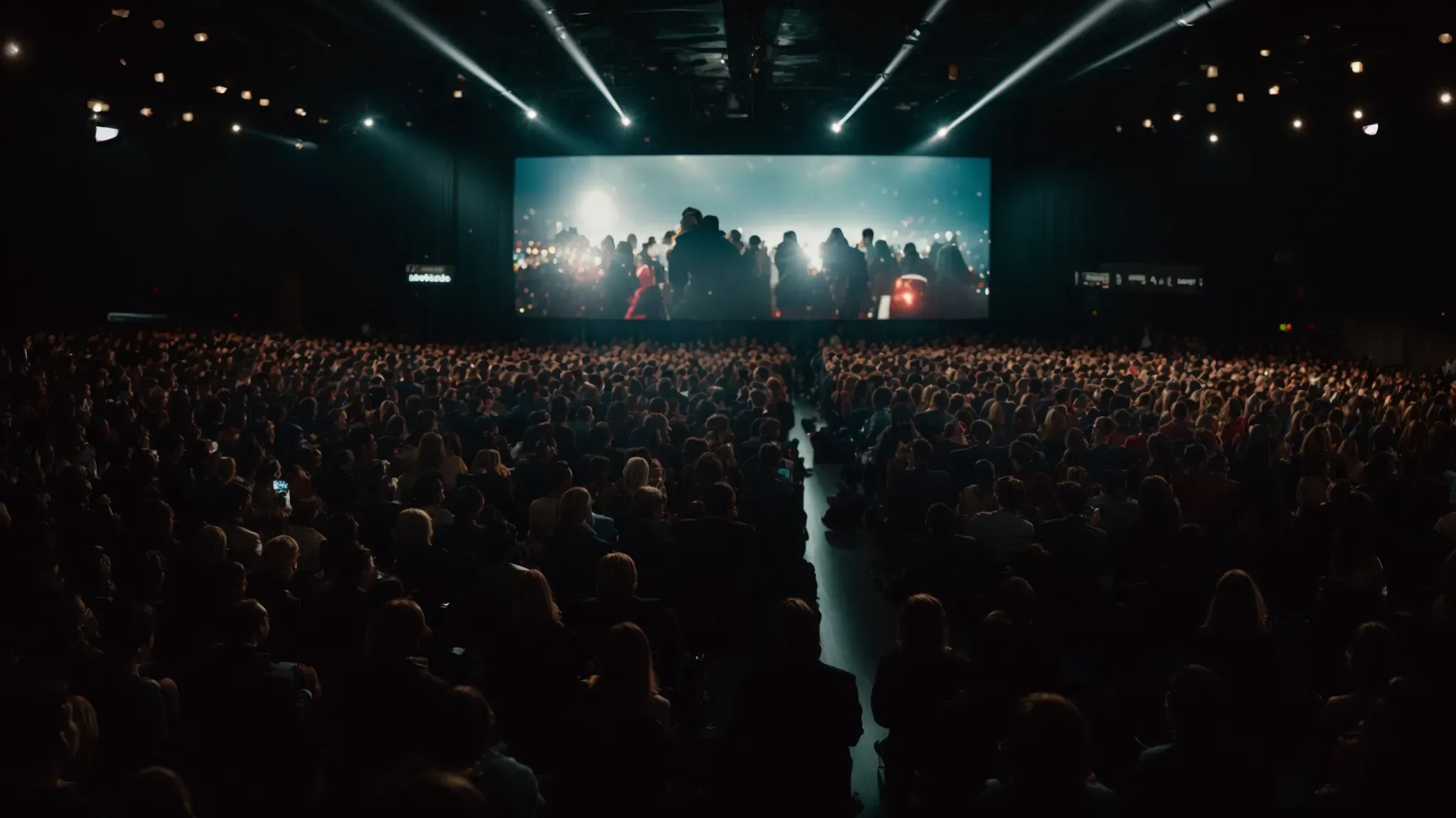 a crowded movie premiere, with the audience's faces illuminated by the glow of a large cinema screen, showcasing a visually stunning film.
