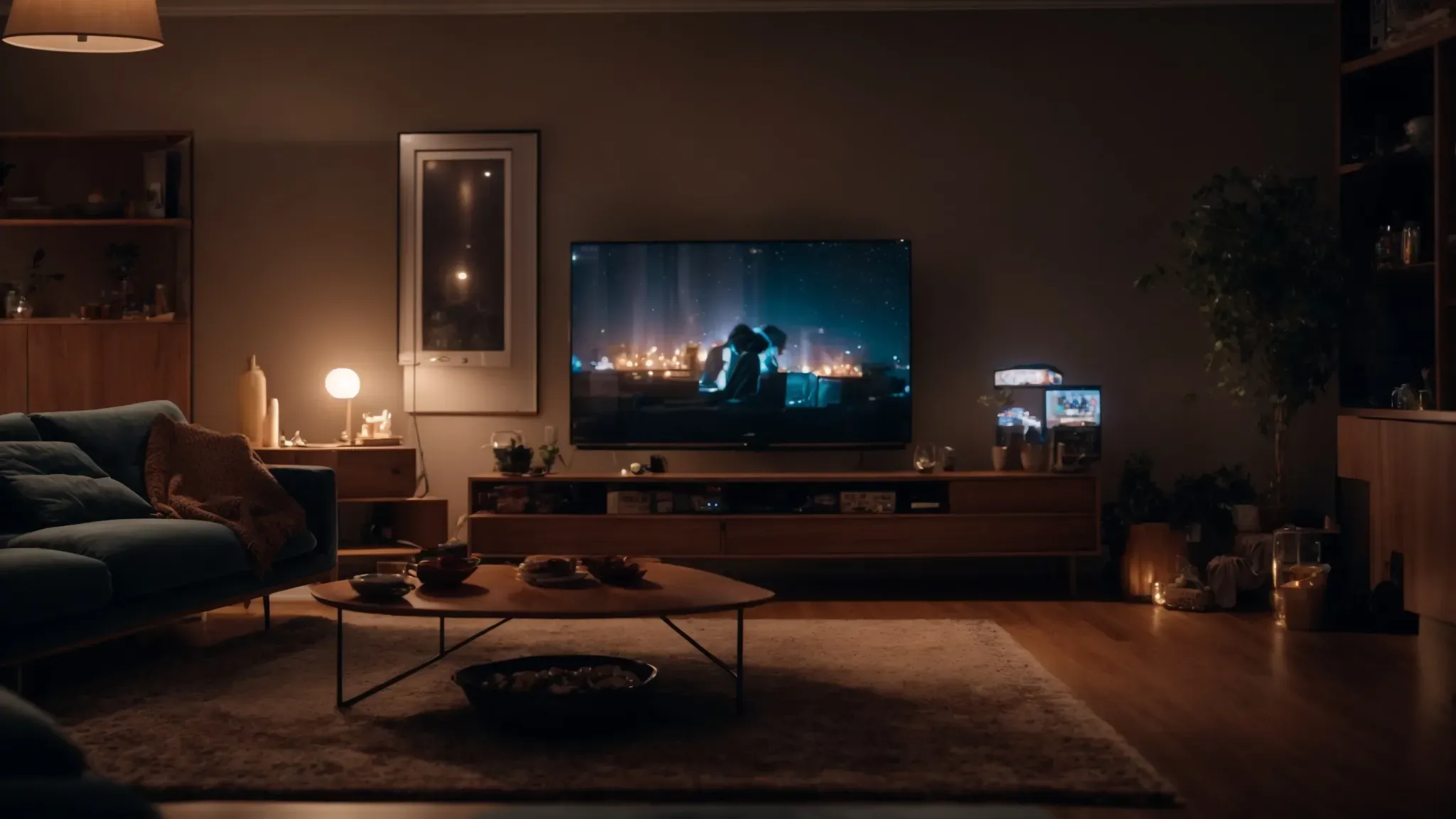a cozy living room at night, illuminated by the glow of a large tv screen showing a marvel movie, with snacks and drinks on the coffee table.