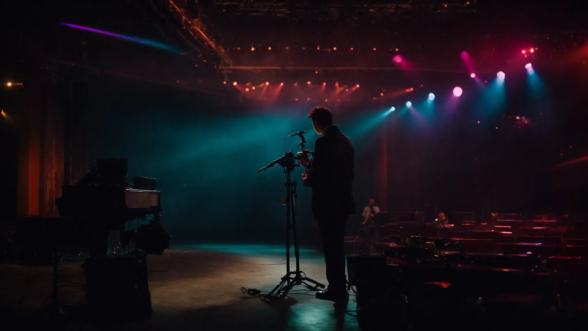 a director stands surveying a vibrant set where a musician performs passionately under dramatic lighting.