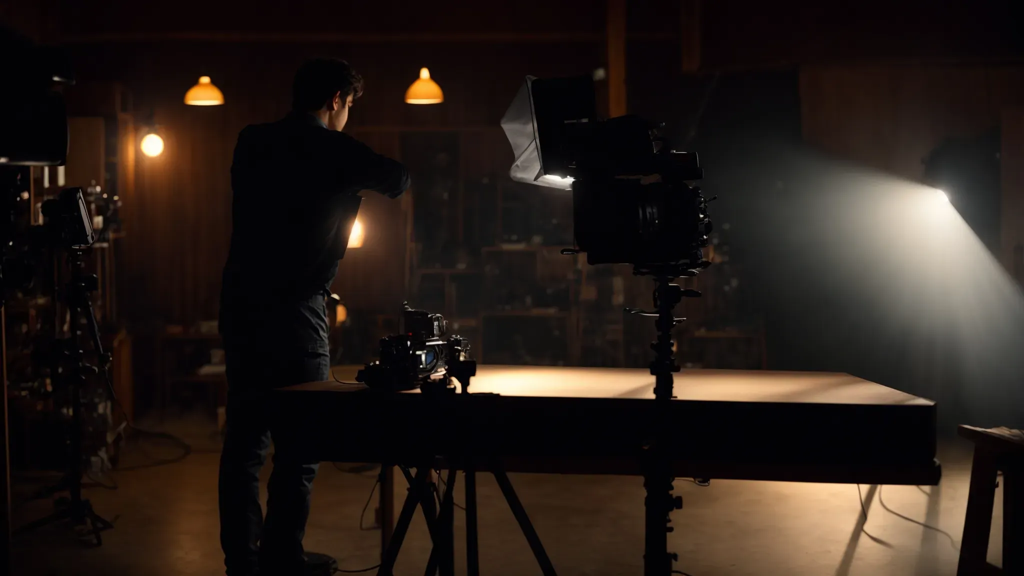 a filmmaker adjusts a large light on a stand, casting a soft glow over a darkened set.