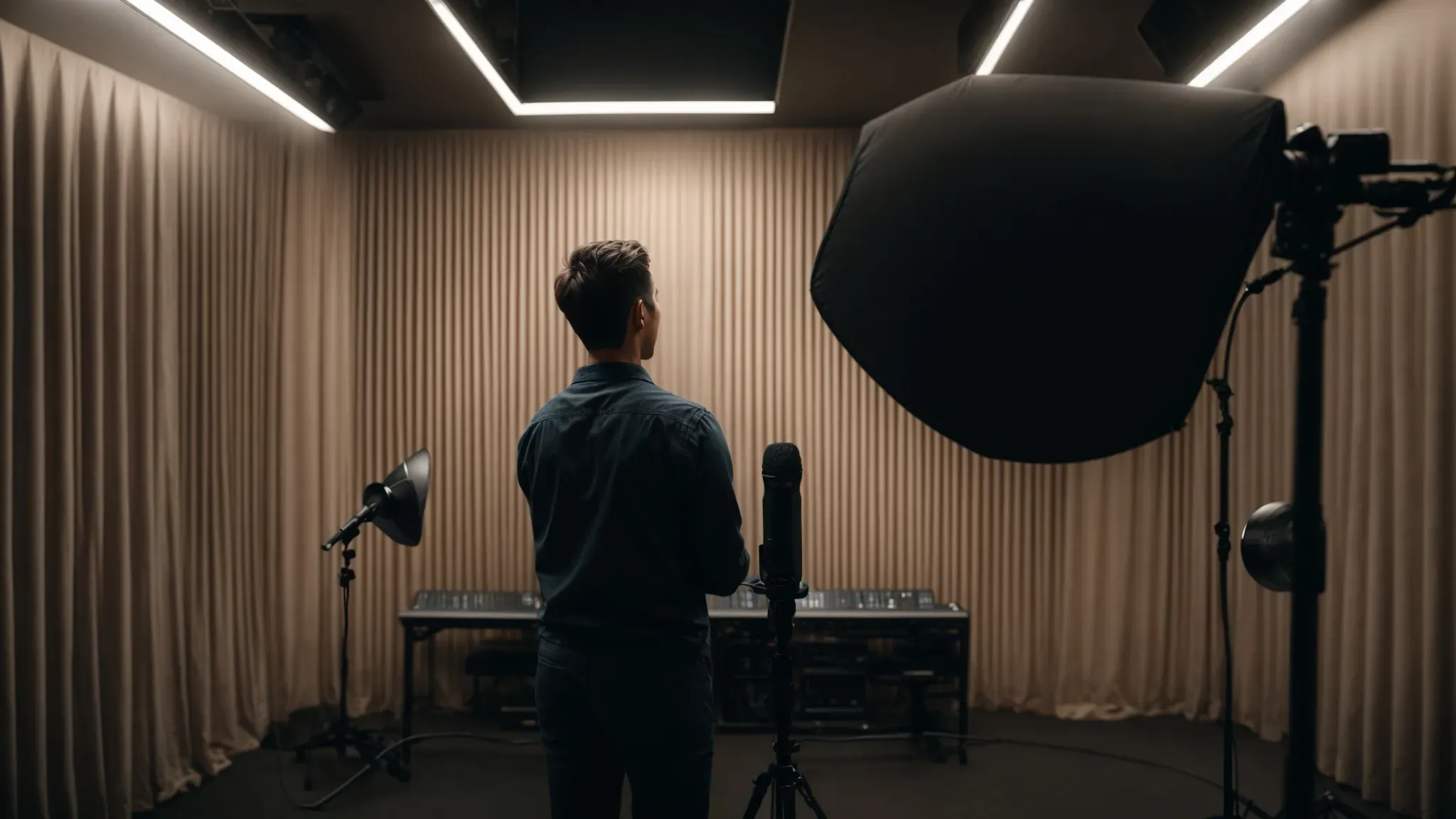a person stands before a microphone in a soundproof studio, poised to deliver a voiceover.