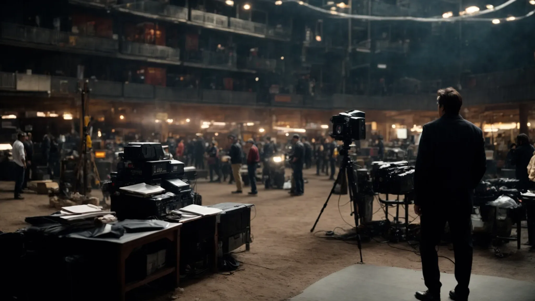 a film producer stands silhouetted against a bustling movie set, overseeing the organized chaos with a script in hand.