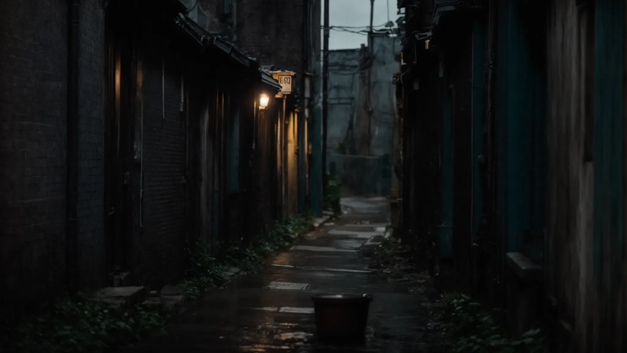 a dimly lit alleyway under a gloomy sky, casting shadows that hint at unseen dangers lurking around the corner.