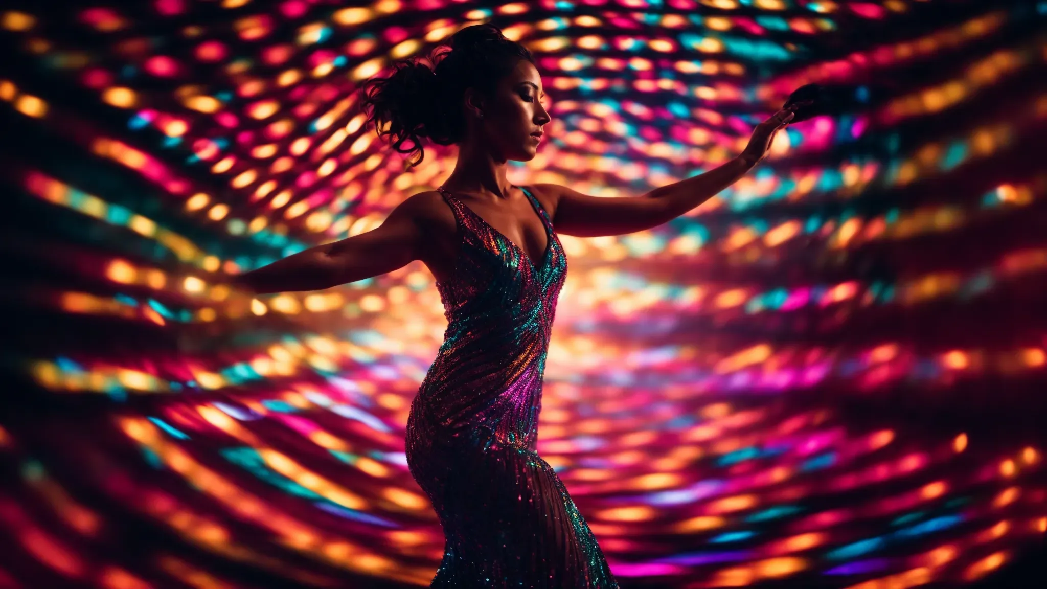 a dancer moves expressively on stage, immersed in a vibrant cascade of projected light patterns that shift in sync with the rhythm of the music.