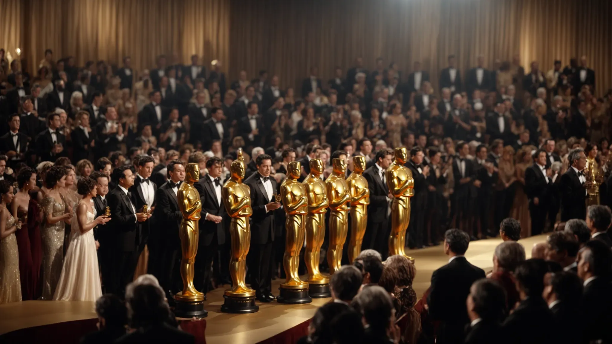 a montage of oscar-winning actors from different eras, each taking a bow on stage with a golden oscar statuette in hand.