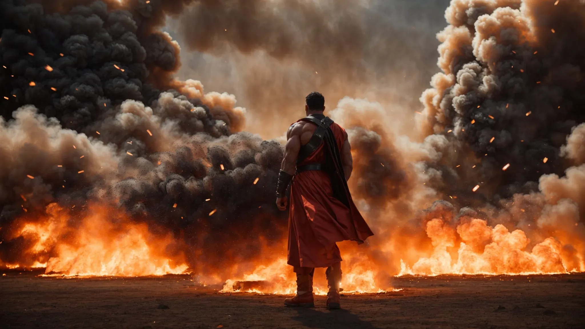 a muscular hero stands amidst fiery explosions, facing off against a villain in an epic showdown.