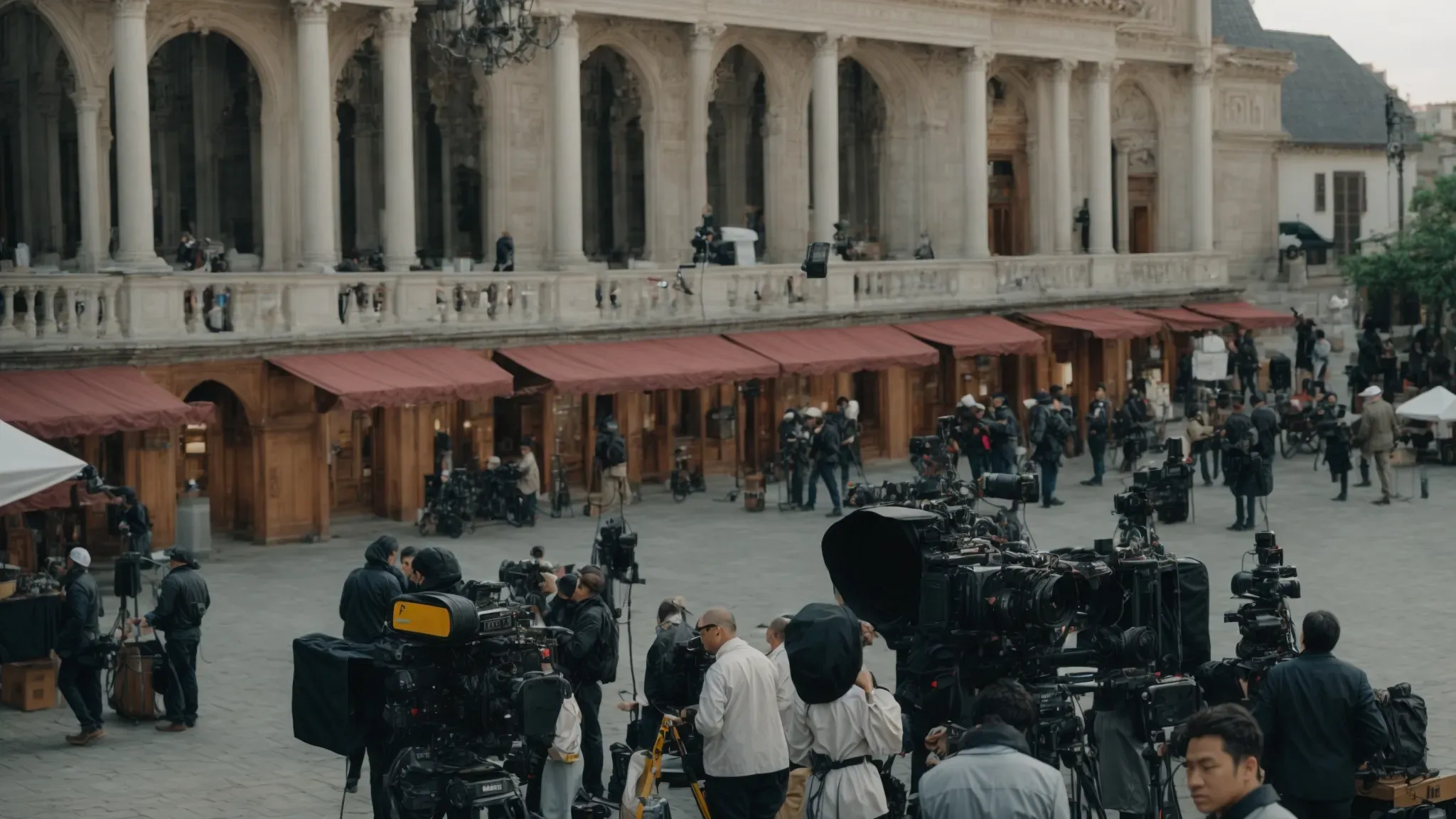 a film crew sets up equipment in a bustling foreign city square, surrounded by historic buildings.