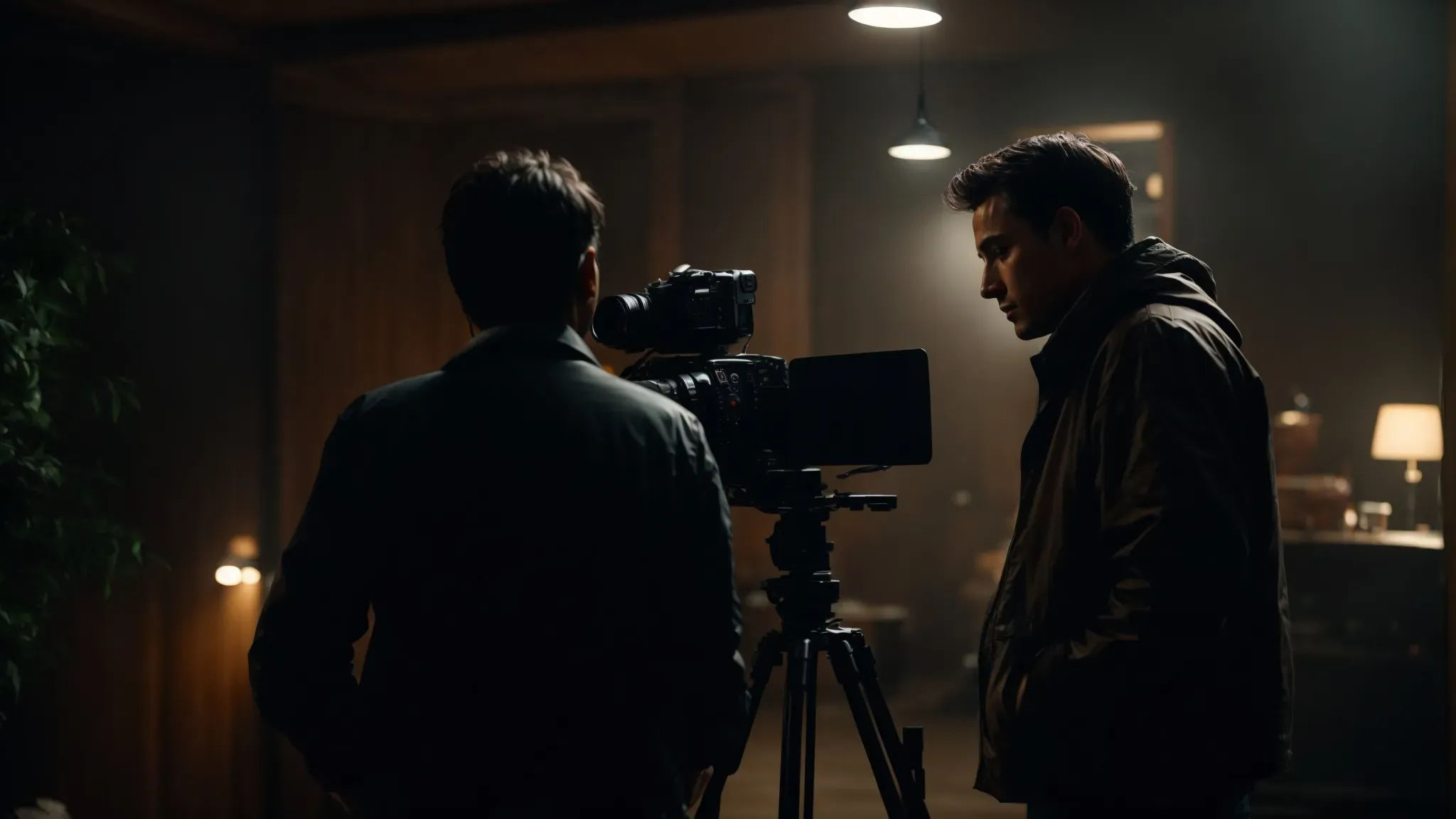 a director stands behind a camera, capturing two actors immersed in an intense dialogue on a dimly lit set.