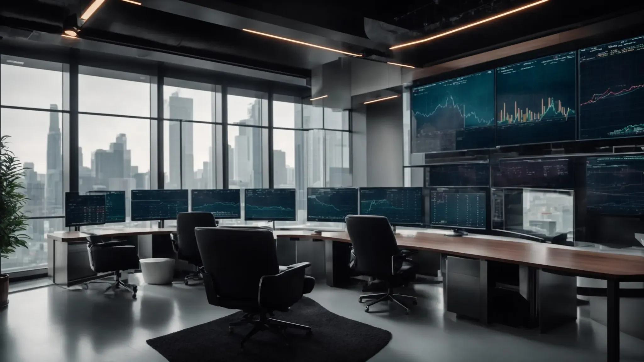 a sleek, modern office with futuristic screens displaying financial graphs and analytics, reflecting the advanced integration of ai in finance operations.