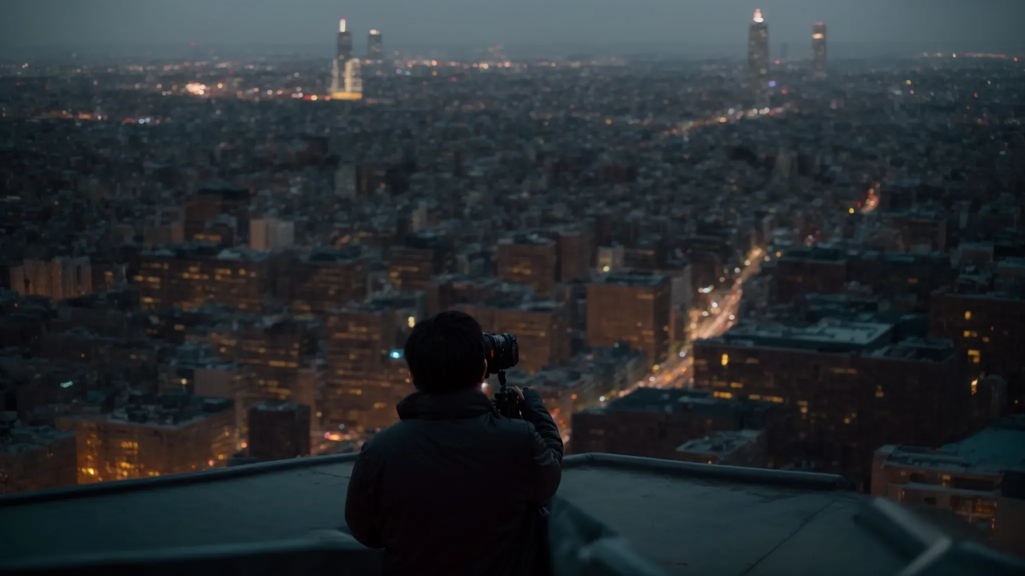 a filmmaker overlooks a sprawling cityscape at dusk, camera in hand, ready to capture a story unfolding below.
