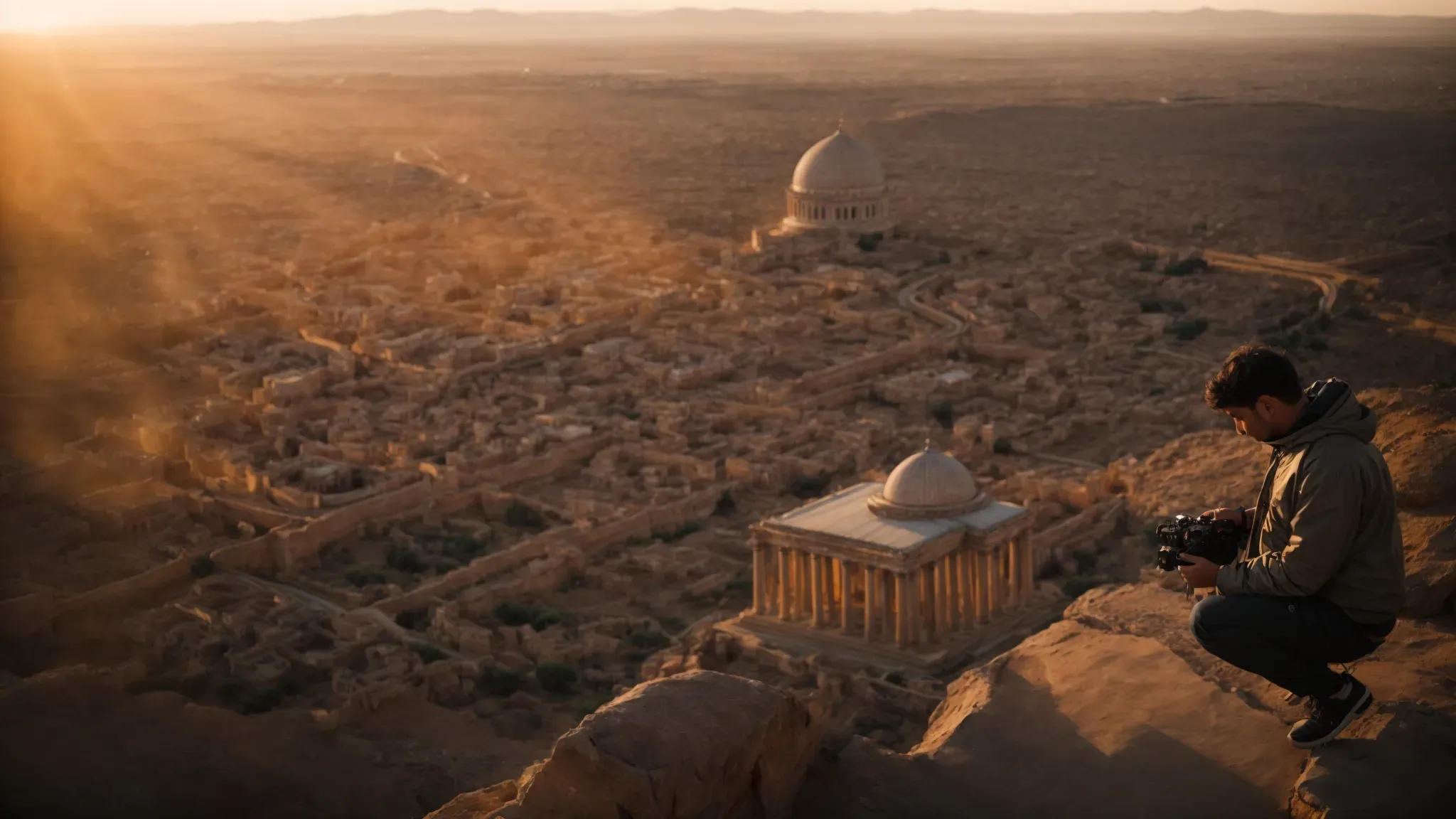 a filmmaker using a drone to capture a sunset scene over a sprawling, ancient cityscape.