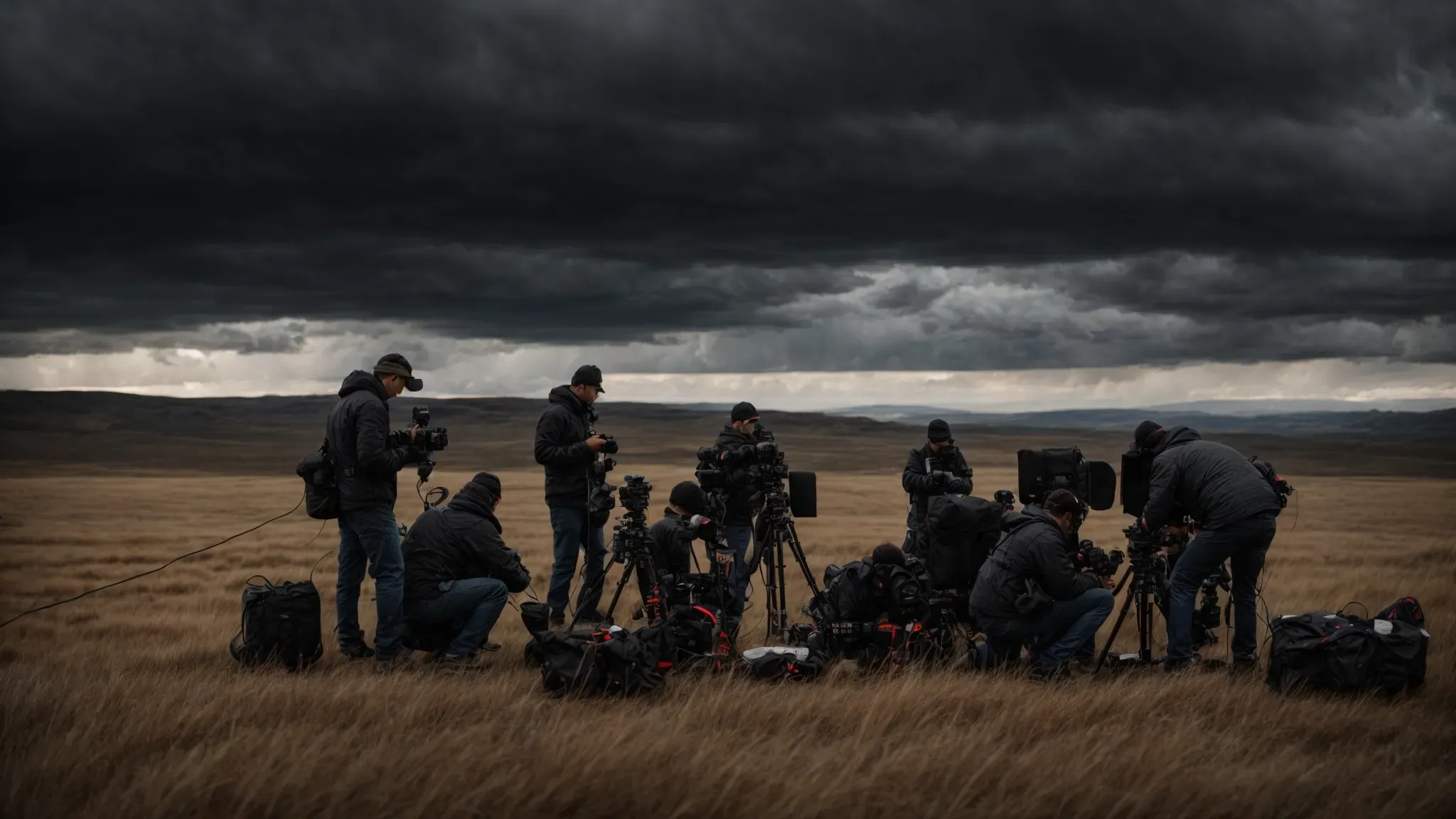 a film crew setting up equipment under a stormy sky in a vast, open landscape.